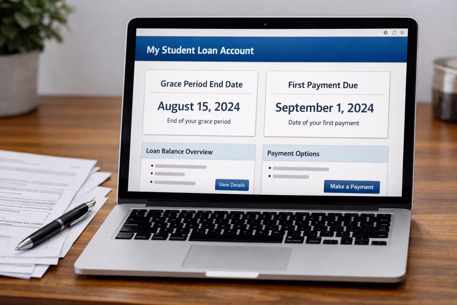Laptop screen displaying student loan servicer portal with grace period end date and first payment due date alongside paper documents on a desk