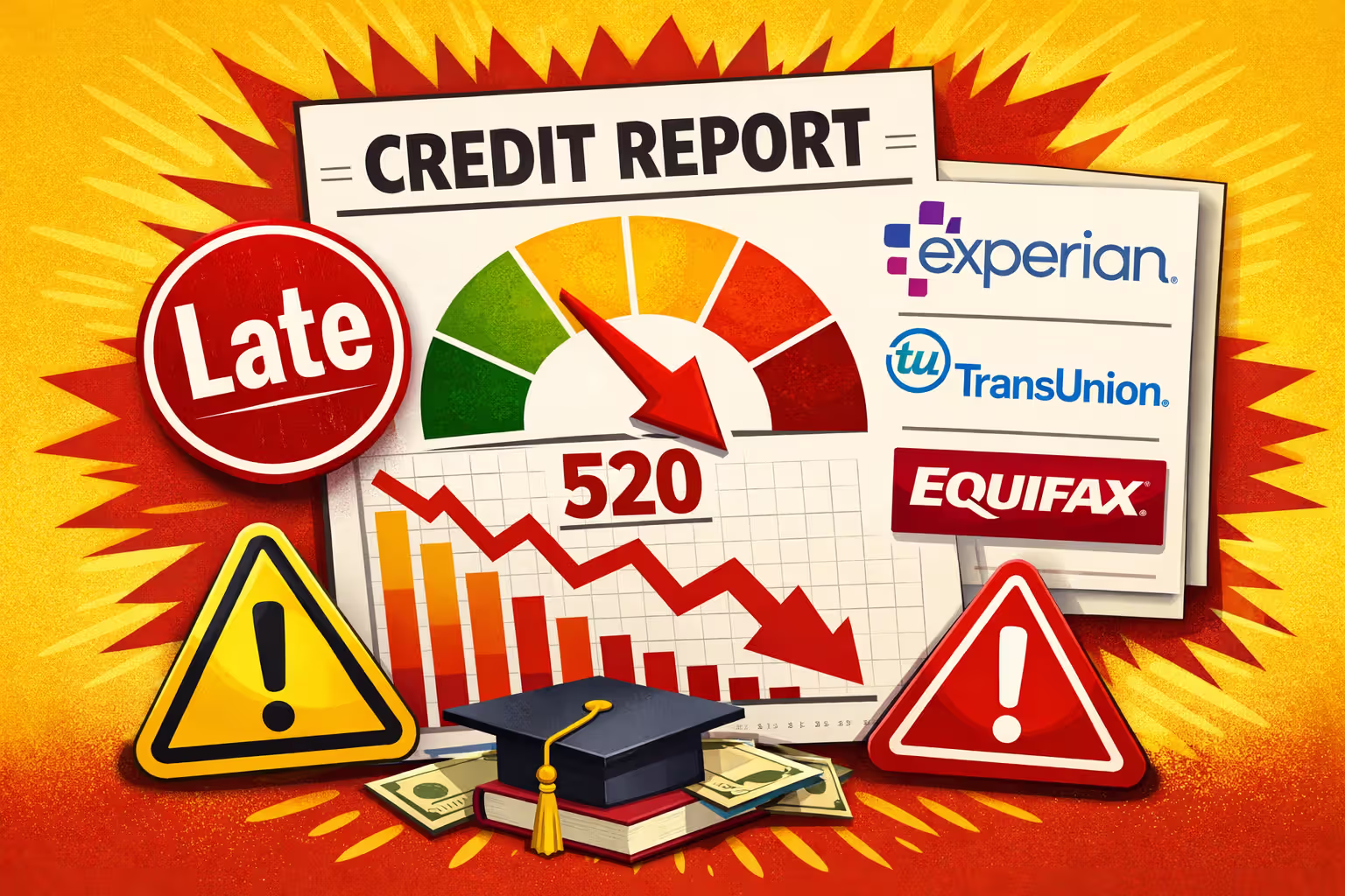 Credit report with declining credit score graph and late payment warning mark illustrating consequences of missing a student loan payment