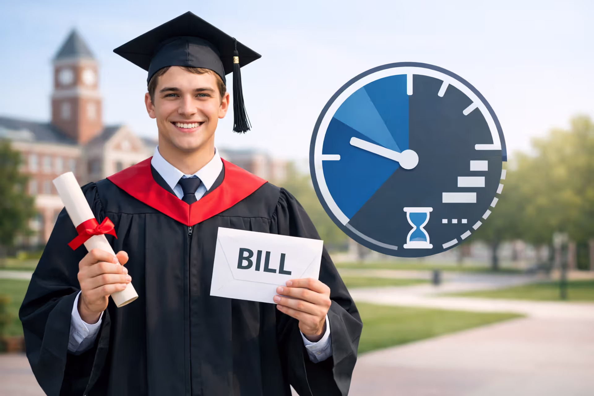 Young graduate in cap and gown holding diploma and bill envelope with a clock symbolizing countdown on a university campus background