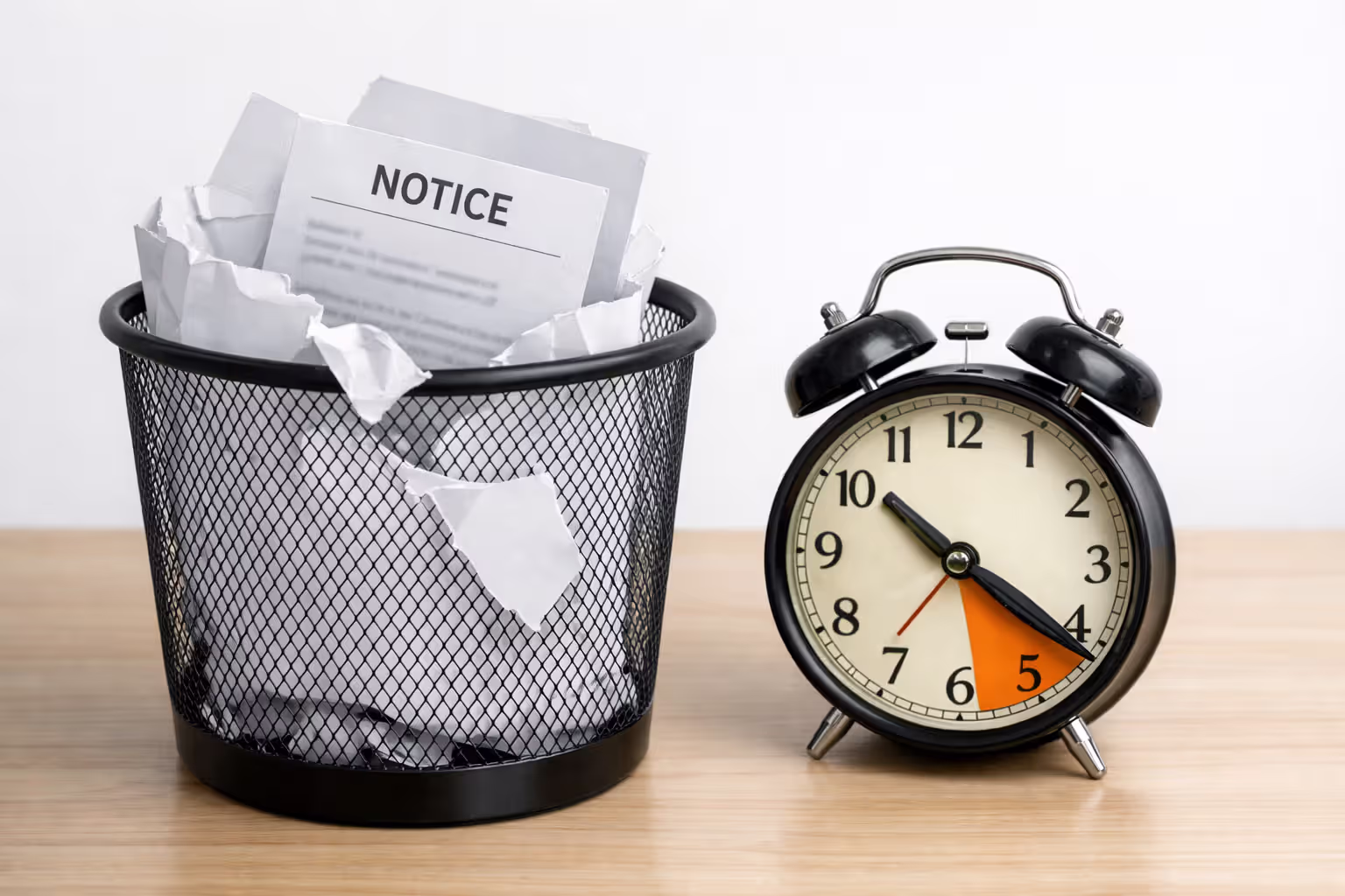 Torn official envelope thrown into a wastebasket next to a clock on a desk symbolizing missed deadline