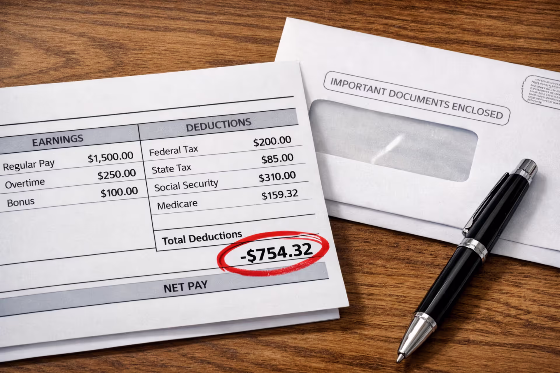 Close-up of a paycheck stub with a highlighted deduction line next to an official government letter on a wooden desk