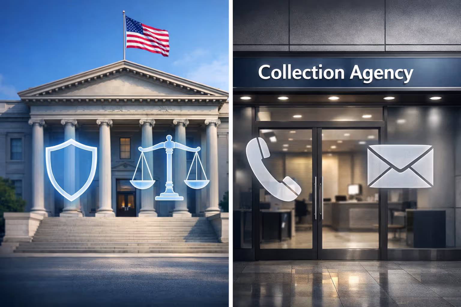 Split comparison image showing federal government building on left and private collection agency office on right representing two types of student loan debt collectors