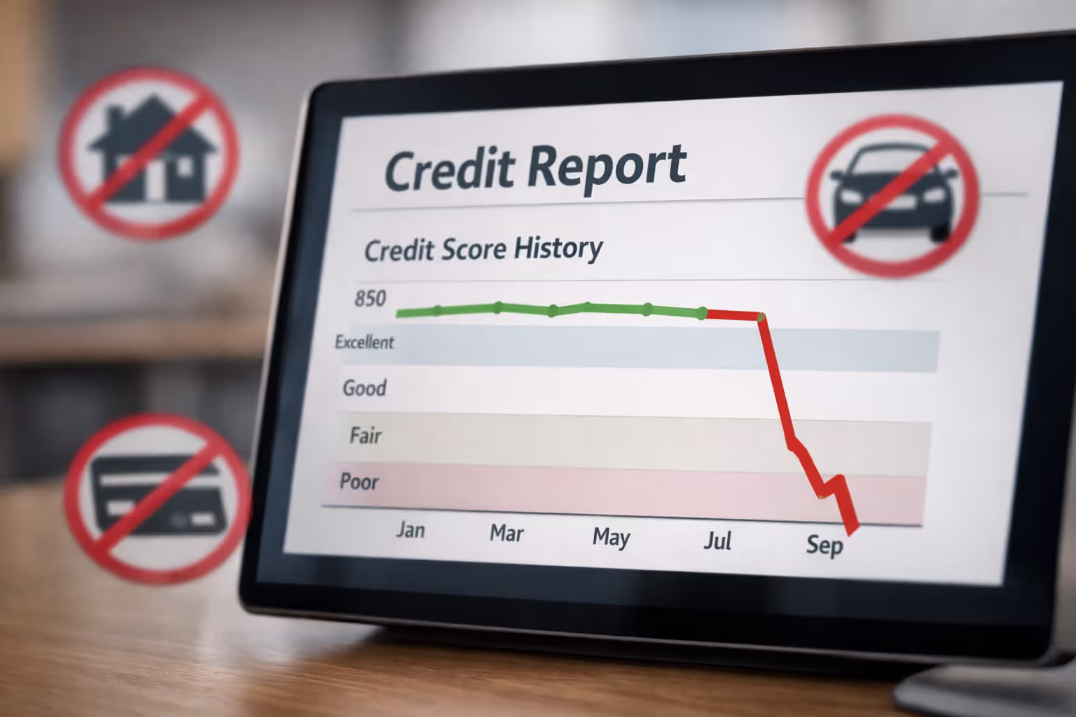 Credit report screen showing sharp credit score drop graph with crossed out icons of house car and credit card representing denied financial applications