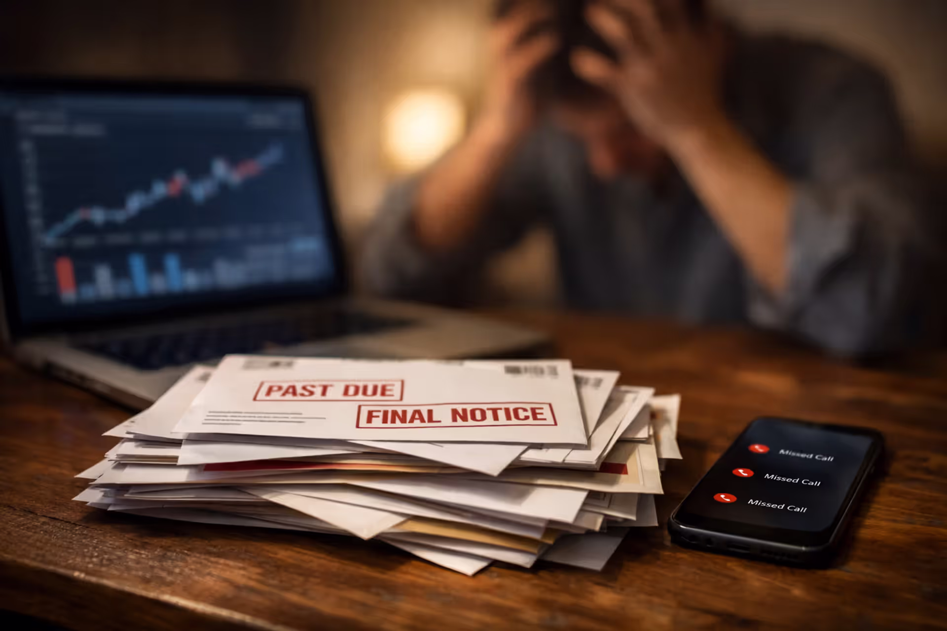Stressed person at desk surrounded by past due collection notices and financial documents with laptop showing charts