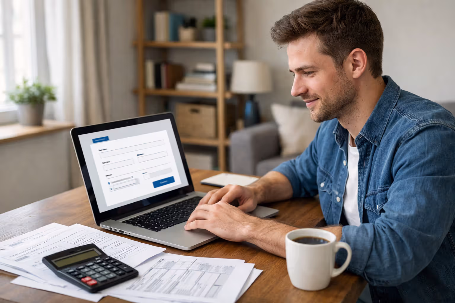 Young professional sitting at a home desk with a laptop, tax documents, and calculator, reviewing income-driven repayment application