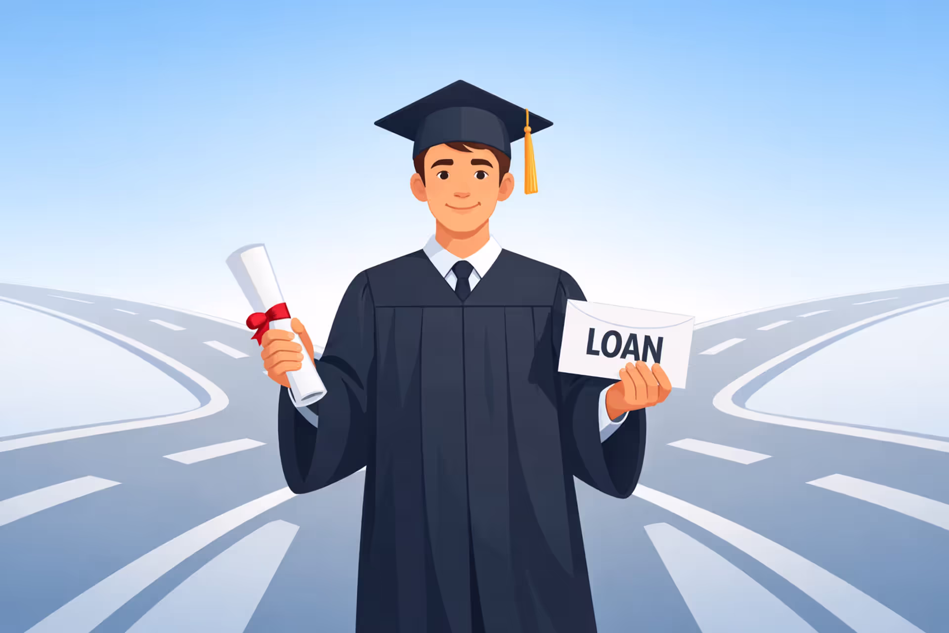 Young graduate in cap and gown standing at a crossroads holding a diploma and a loan envelope, choosing between multiple repayment path