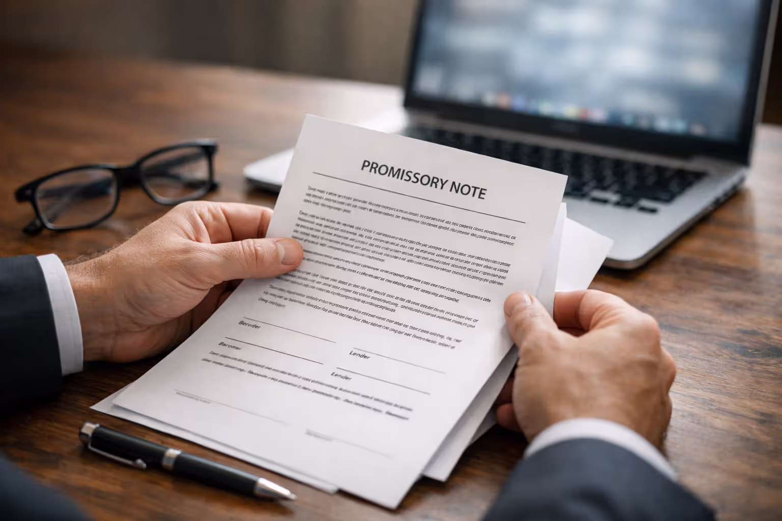 Close-up of hands reviewing a loan promissory note document at a desk with laptop glasses and pen nearby