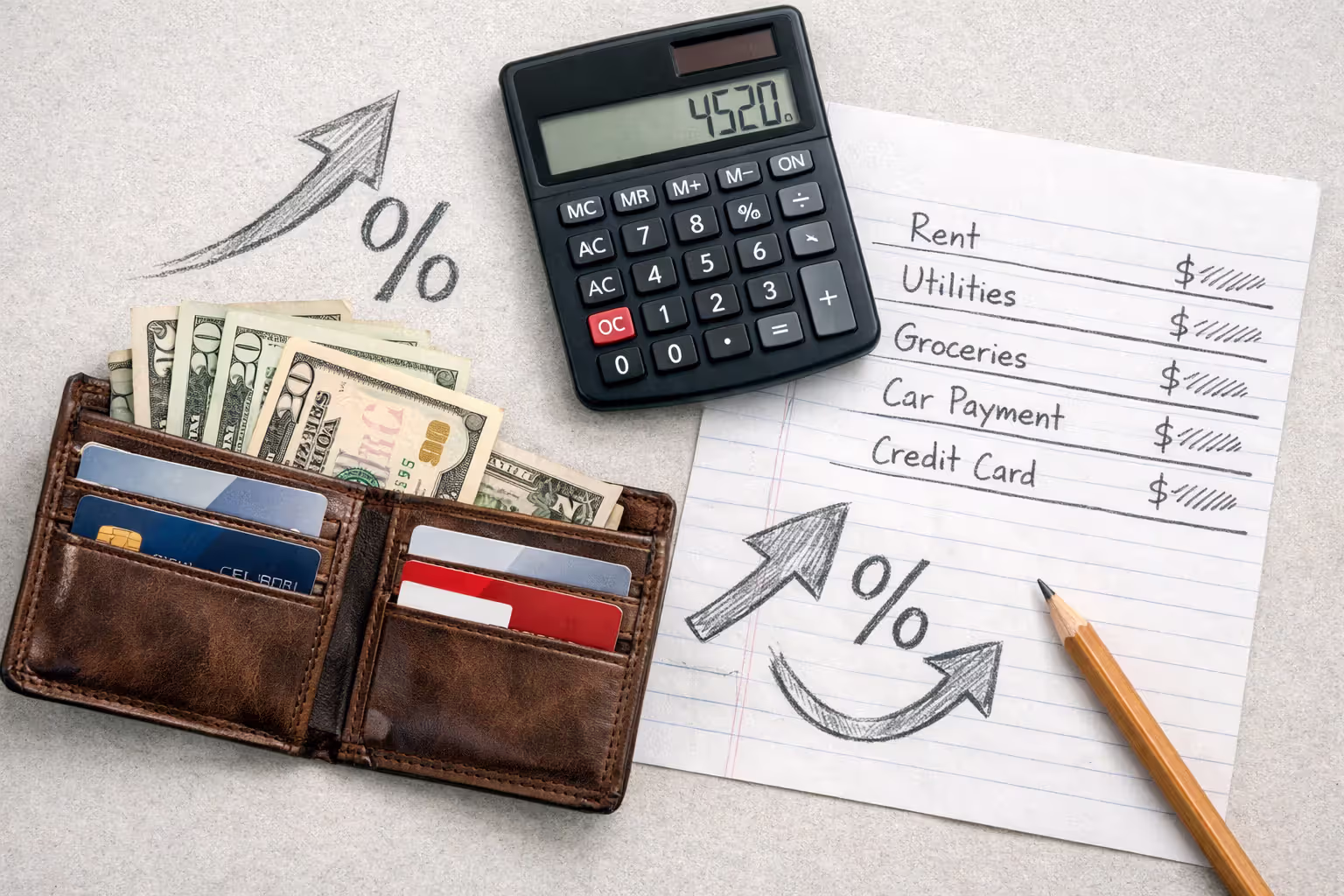 Flat lay of an open wallet with dollar bills next to a calculator and handwritten budget notes with percentage symbols