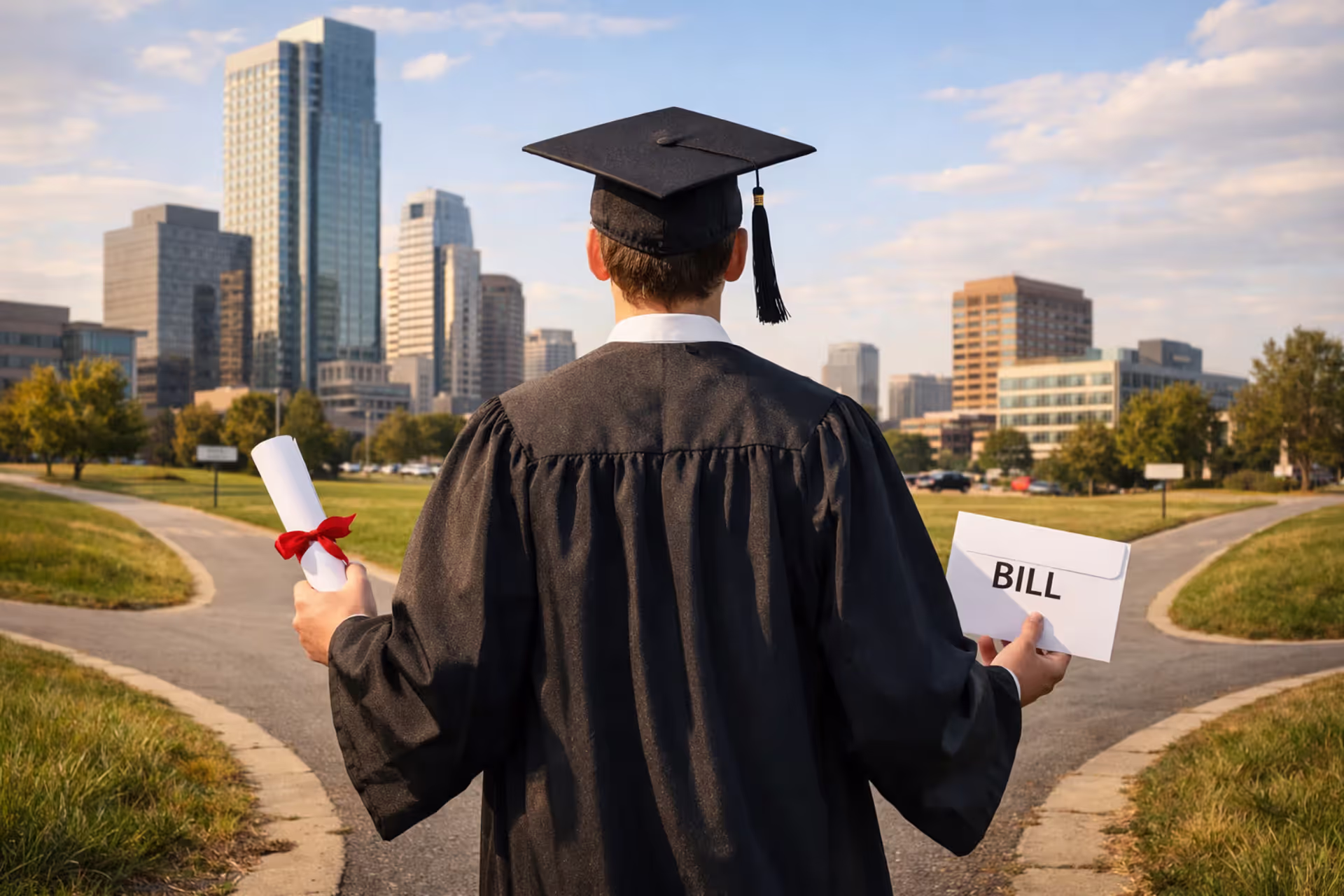 Young graduate in cap and gown standing at a crossroads holding a diploma and a bill envelope with a city skyline in the background