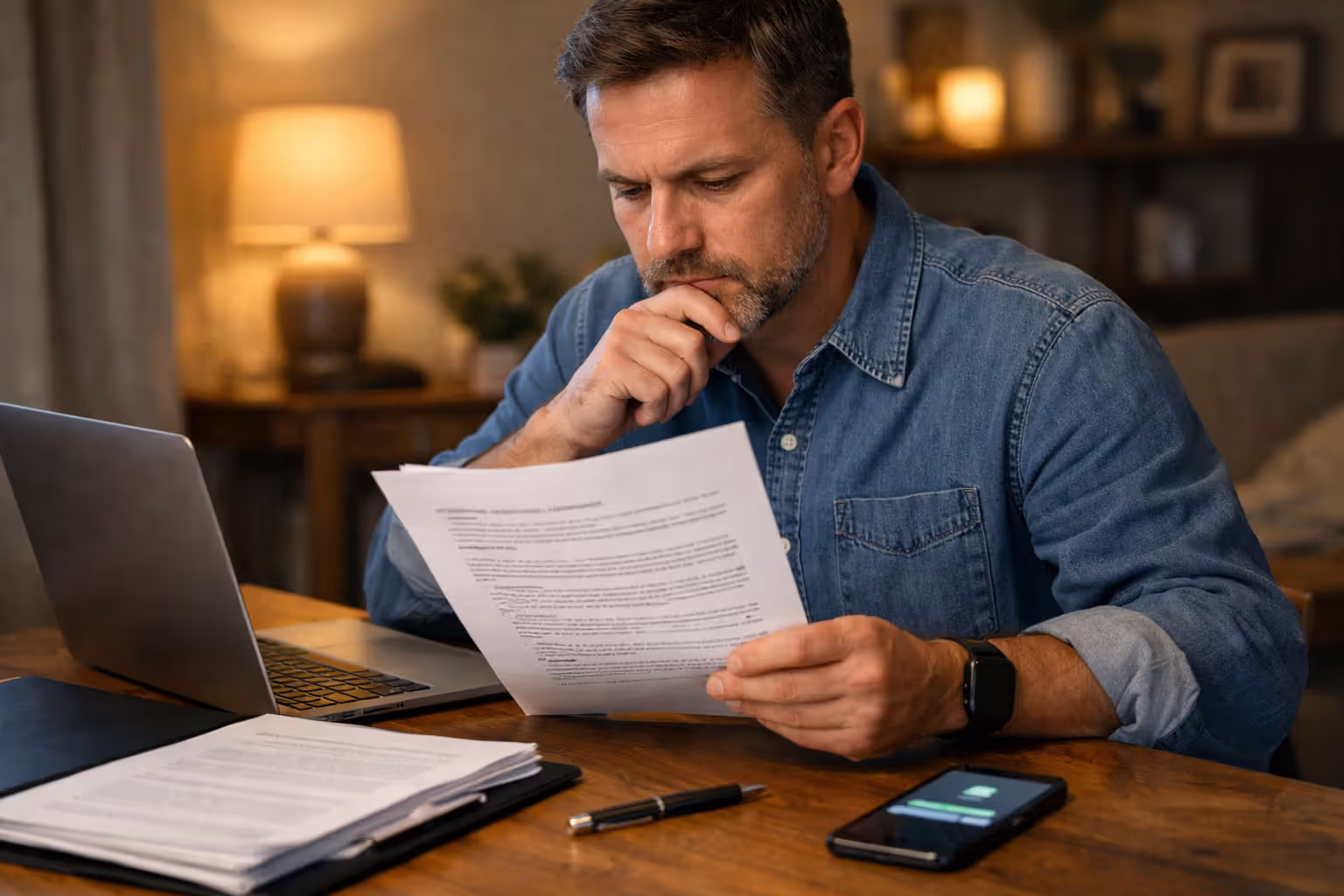 Person sitting at a desk carefully reviewing a multi-page loan rehabilitation agreement document next to a laptop and smartphone
