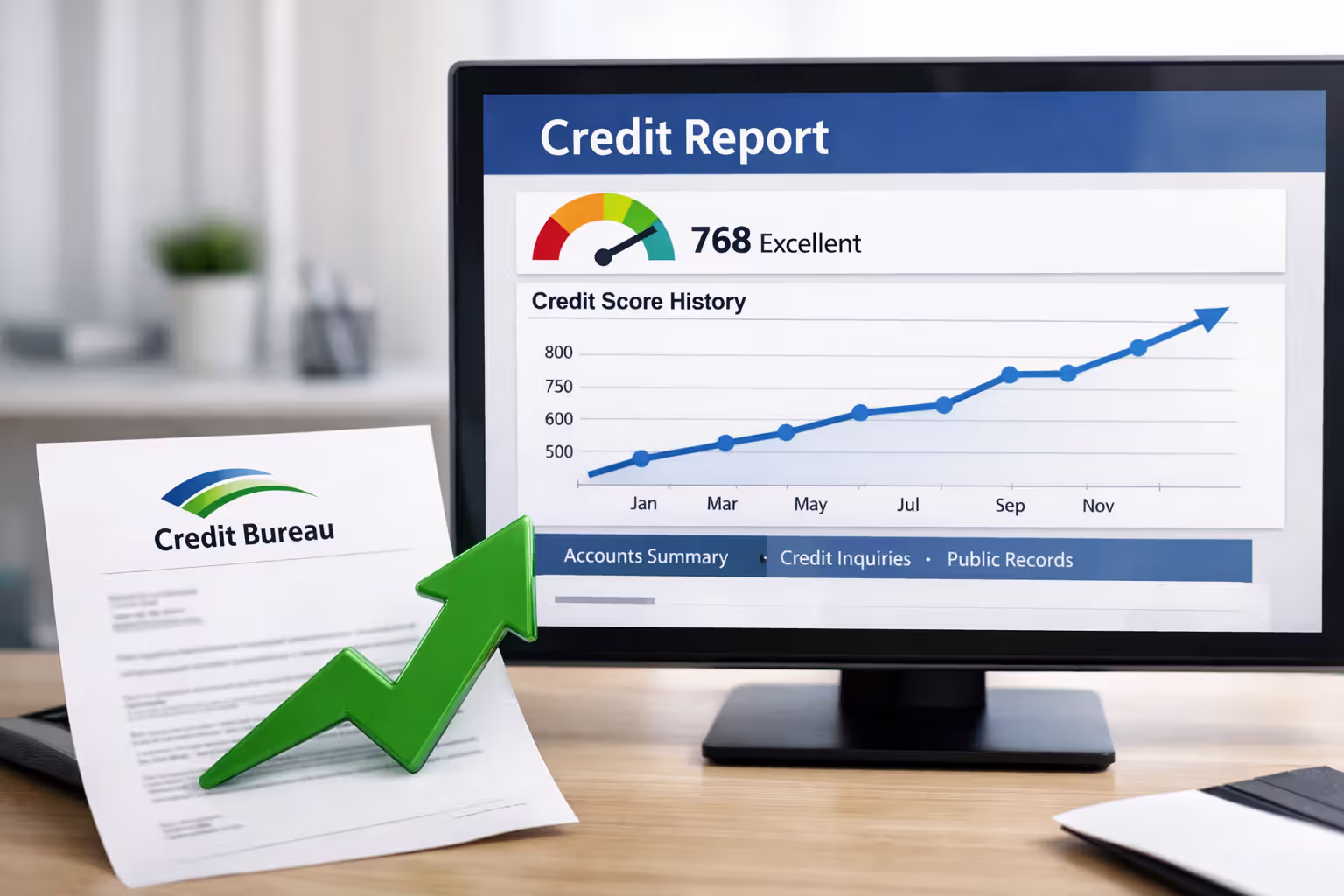Computer screen displaying a credit report with an upward trending credit score graph next to a printed credit bureau letter