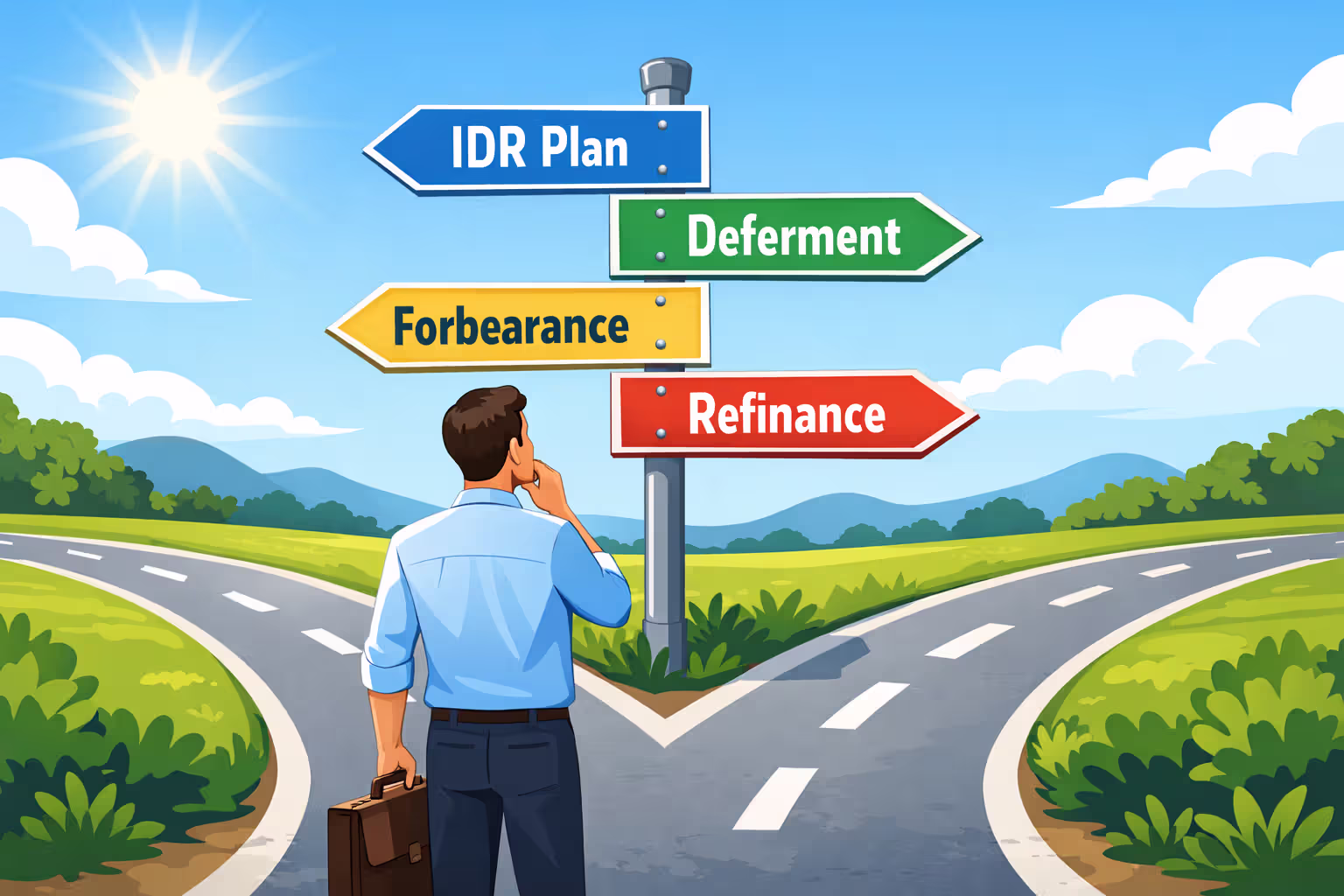 Person standing at crossroads with directional signs showing student loan repayment alternatives including IDR deferment forbearance and refinancing