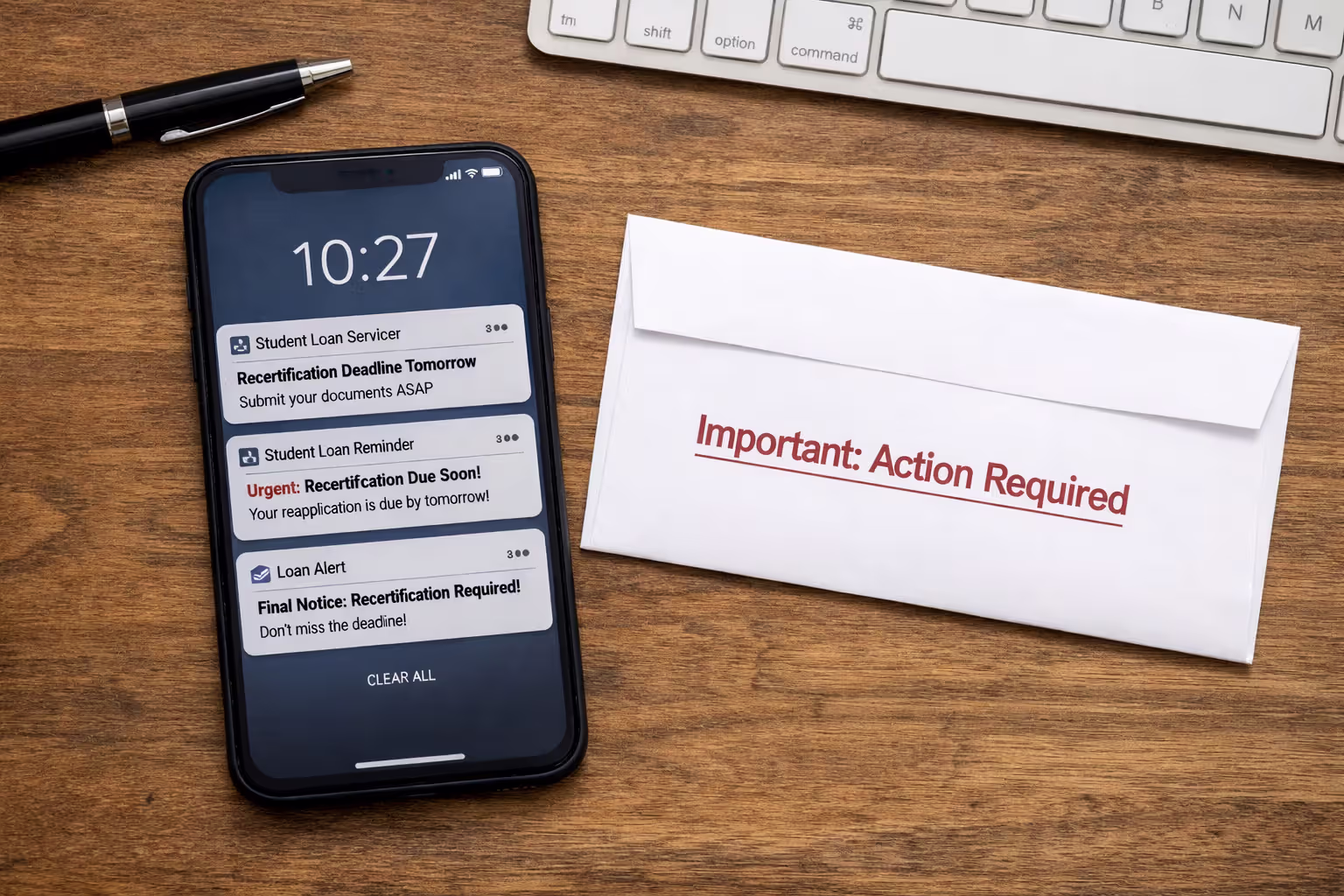 Smartphone showing loan recertification deadline reminder notification next to an important mail envelope on desk