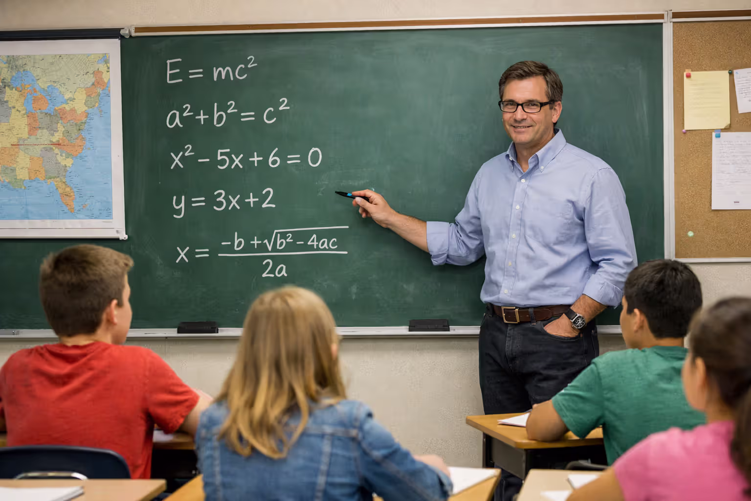 Male teacher with glasses teaching math to a group of students in a modest public school classroom