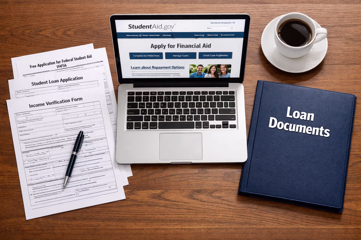 Top-down view of a desk with federal loan forgiveness application forms, a laptop showing StudentAid.gov, pen, coffee cup, and a folder labeled Loan Documents