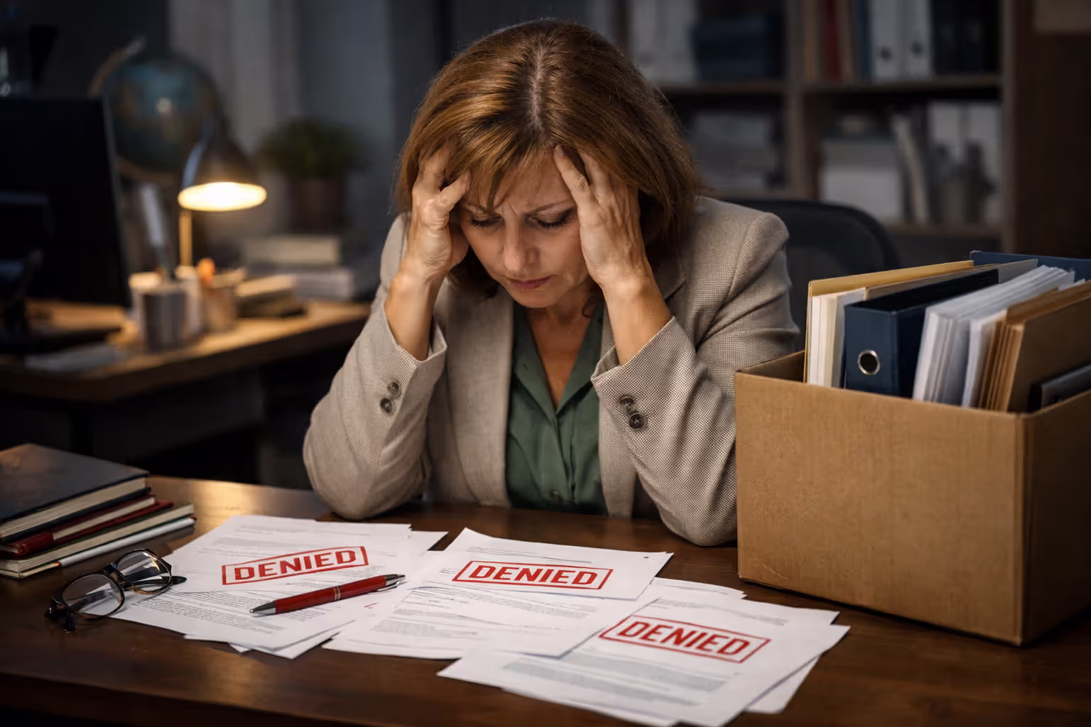 Frustrated female teacher sitting at a desk holding her head with denied application papers in front of her in a dim office setting