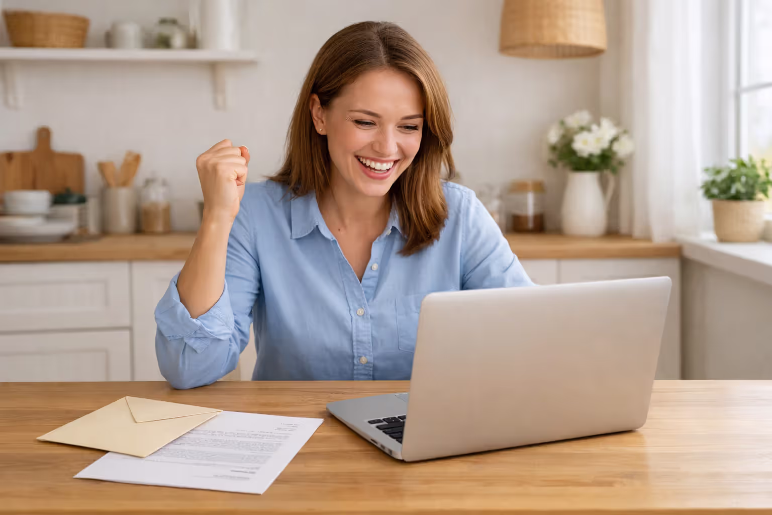 Happy young teacher at home looking at a laptop screen showing zero loan balance, making a victory fist, with an approval letter on the table