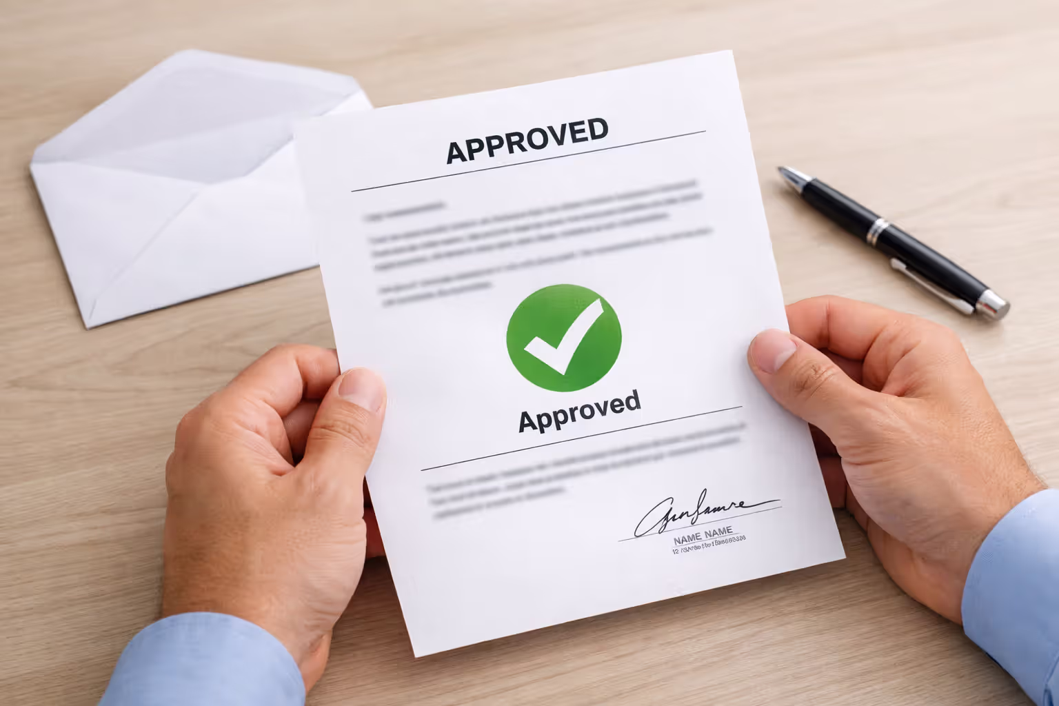 Hands holding an official loan discharge approval letter with an opened envelope on a desk
