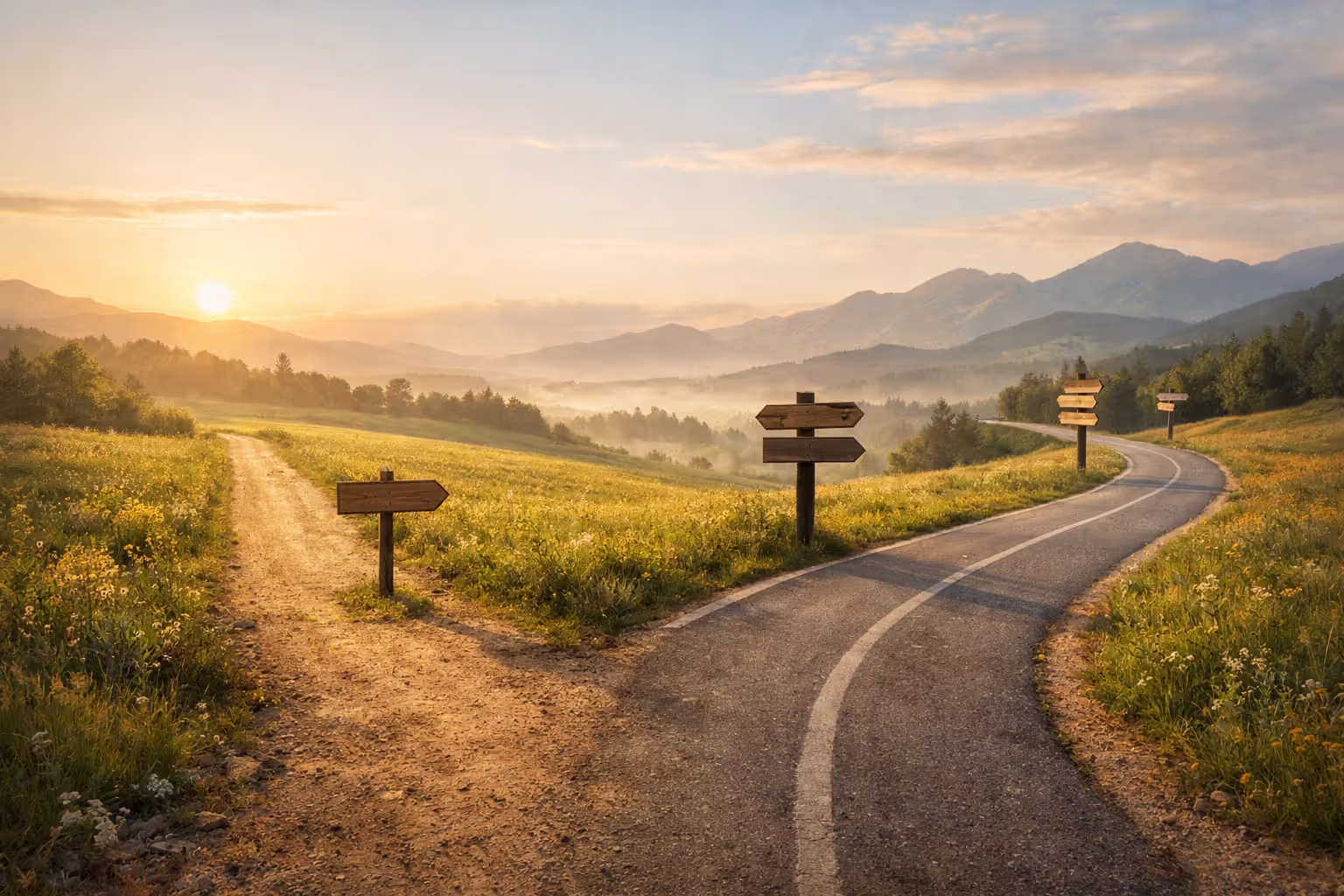 Forked road landscape with a short path and a long winding path symbolizing different loan forgiveness program timelines