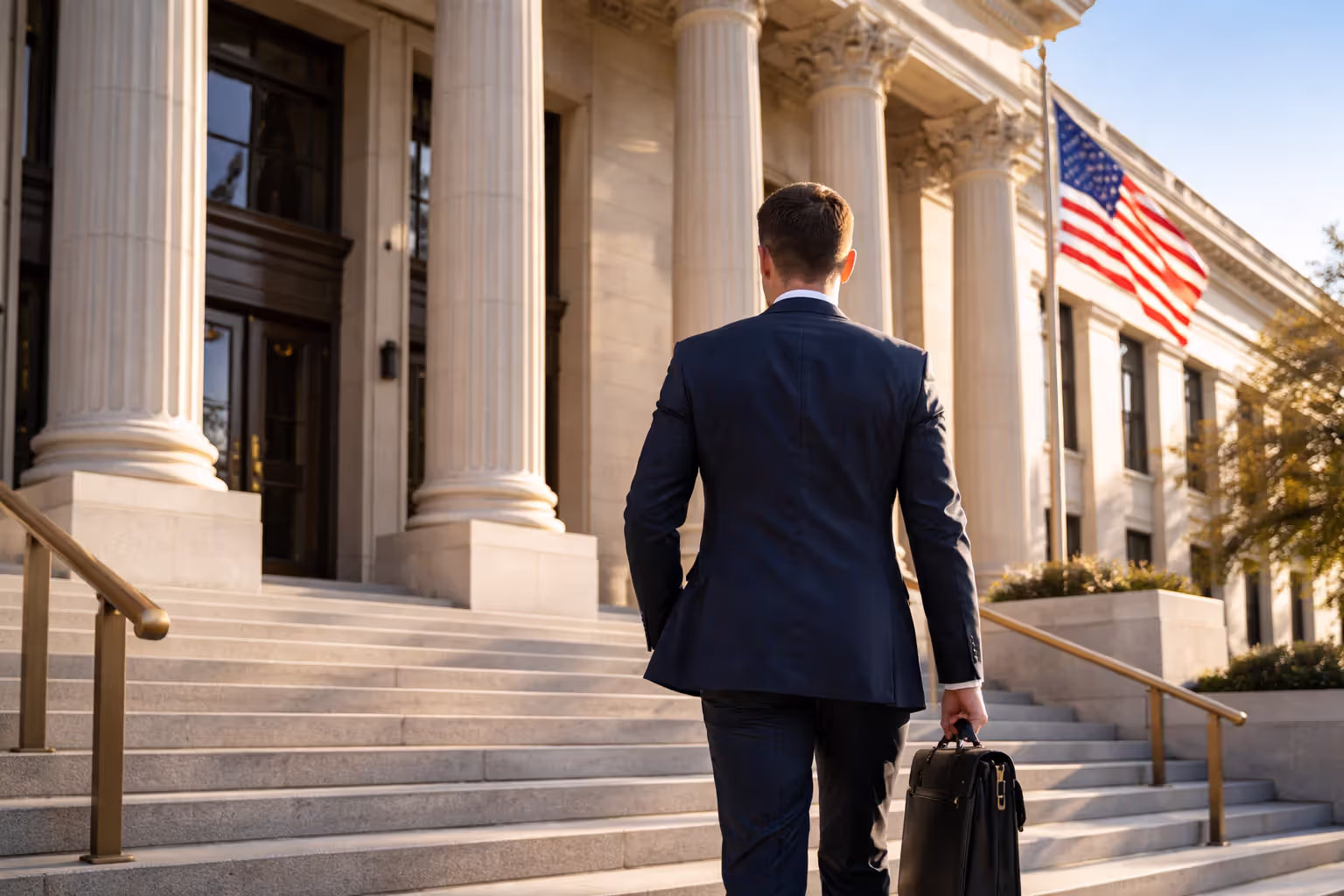Professional person with a briefcase entering a government building with columns and an American flag, morning light — public service employment concept