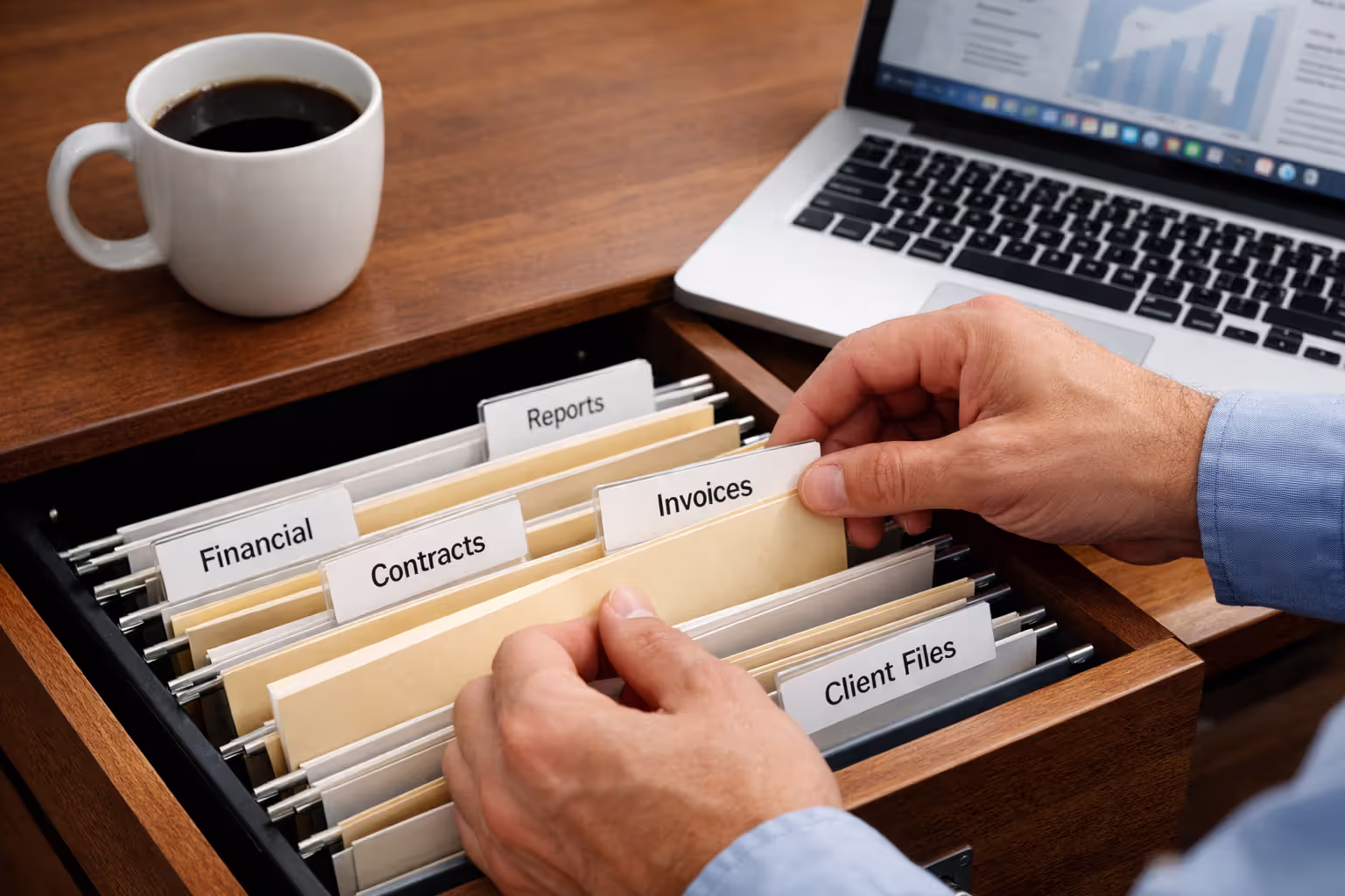 Close-up of hands organizing labeled file folders in a desk drawer next to a coffee mug and laptop — document organization for loan forgiveness