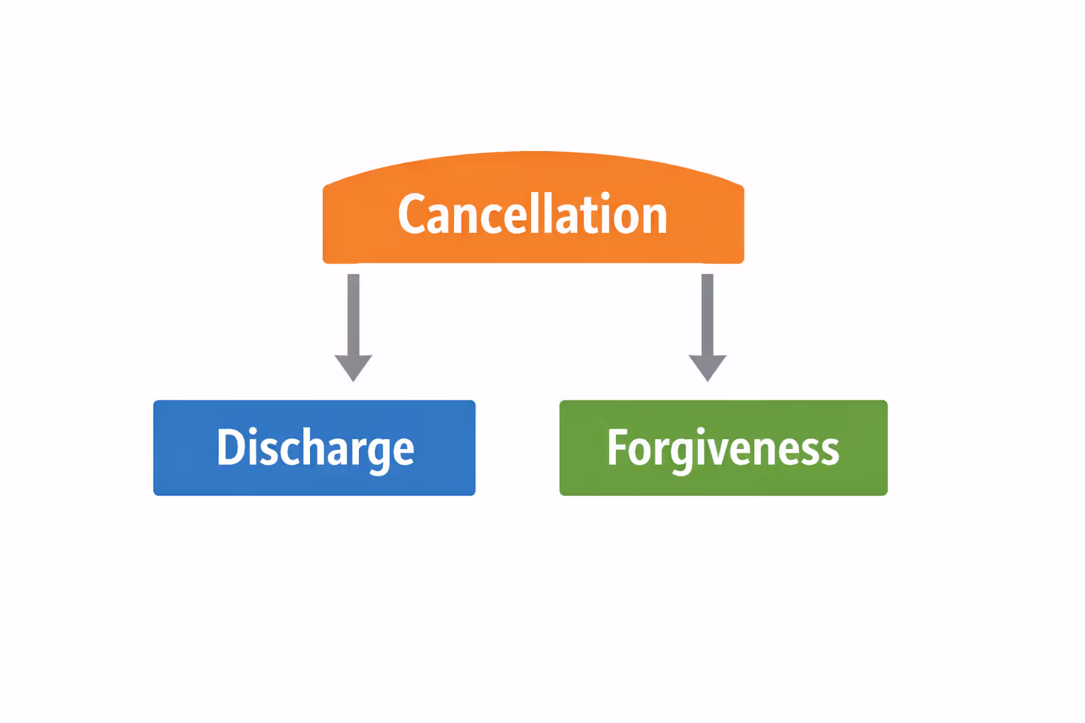Infographic diagram showing the relationship between student loan discharge, forgiveness, and cancellation as three distinct but related concepts with arrows connecting them