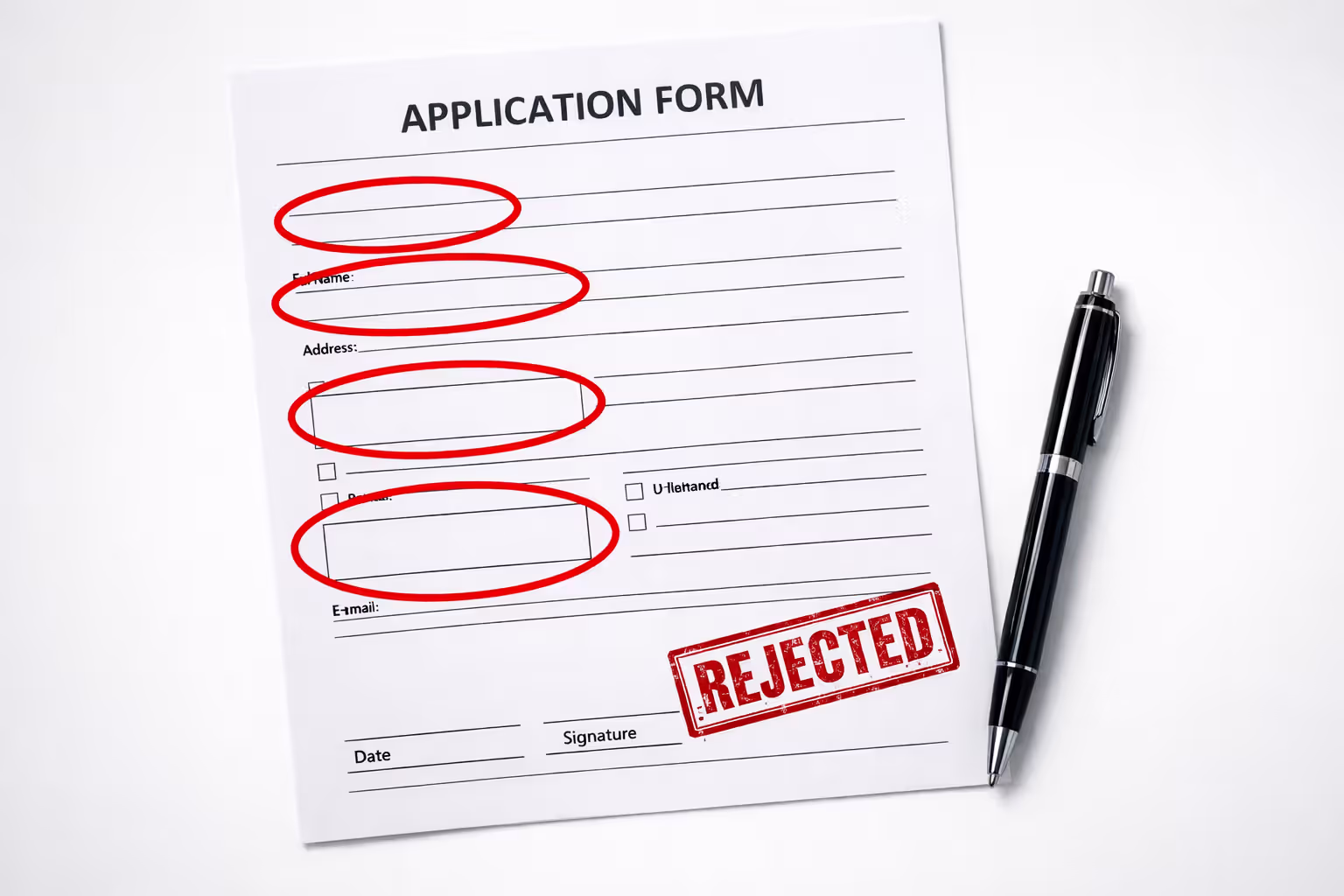 Top-down view of an application form with several empty fields circled in red and a red REJECTED stamp in the corner, a pen lying beside it on a white desk