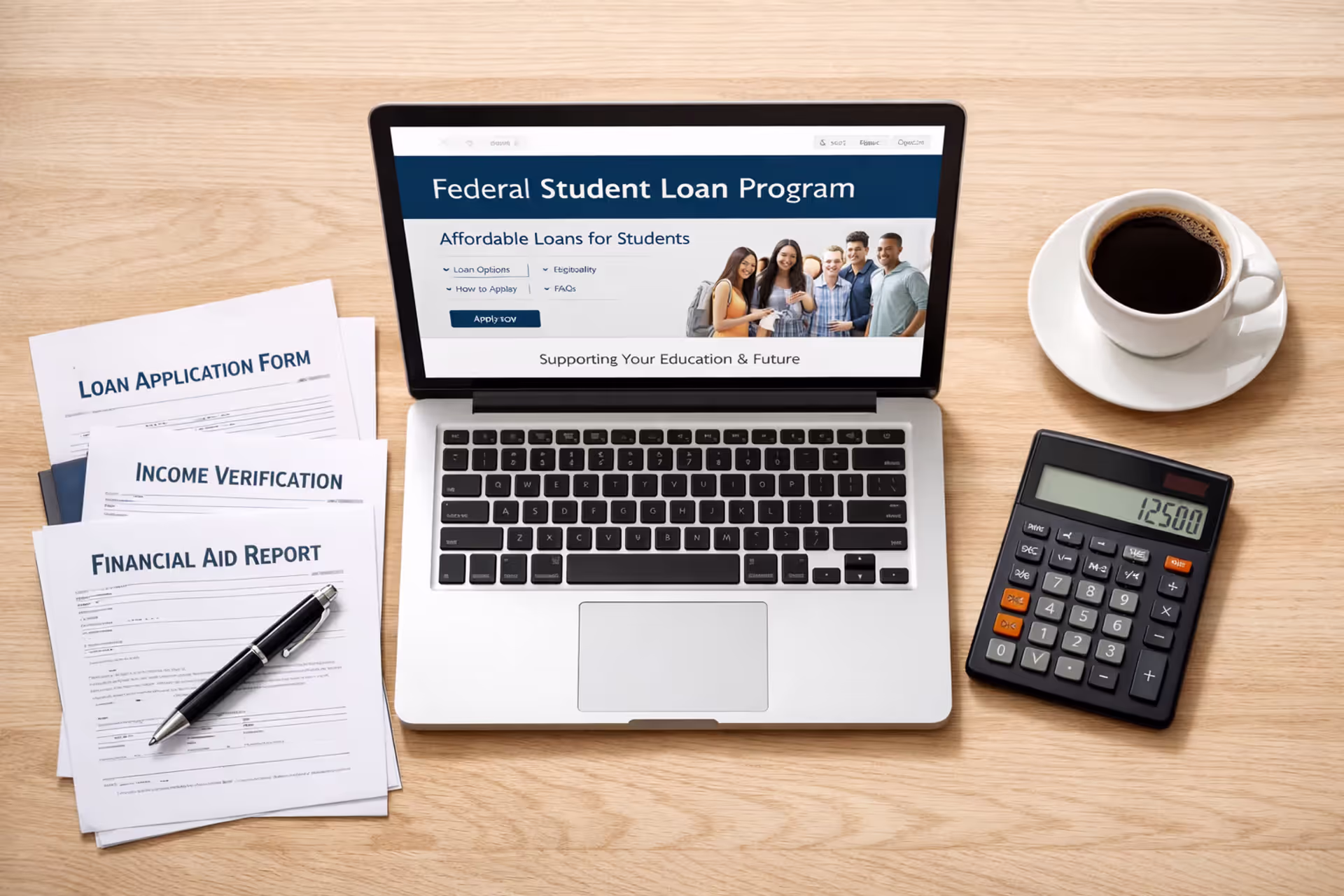 Overhead view of a desk with a laptop showing a federal student loan website, documents, a calculator, a pen, and a coffee cup on a light wooden surface