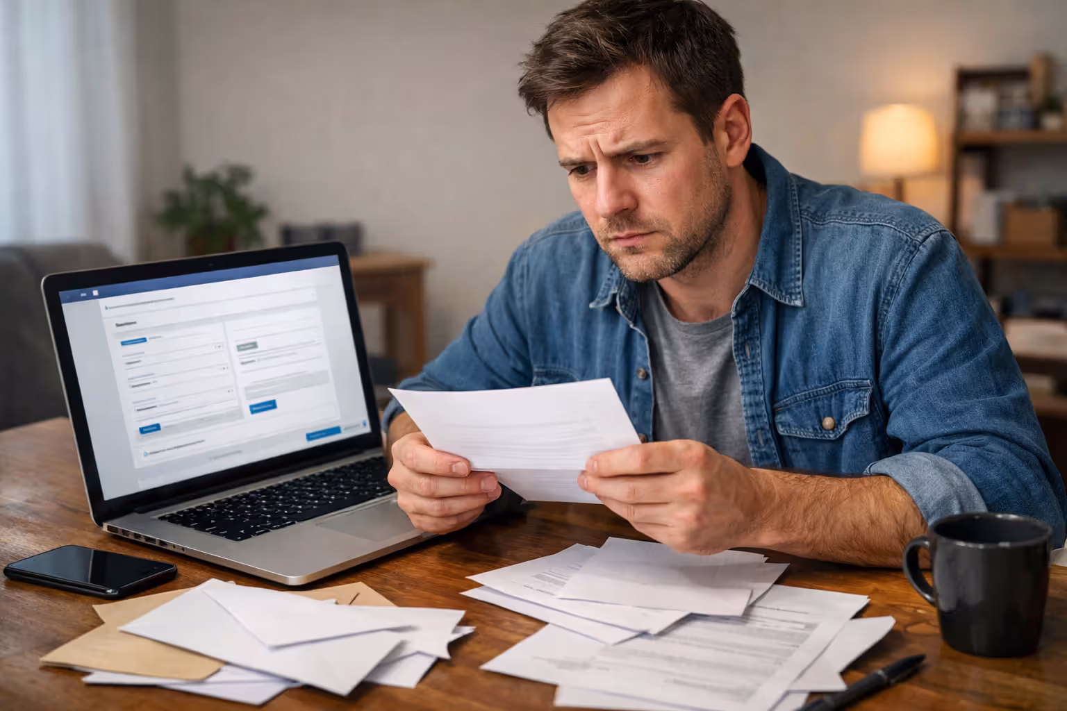 Worried person holding a notification letter while sitting in front of a laptop showing an online portal, scattered envelopes on the desk