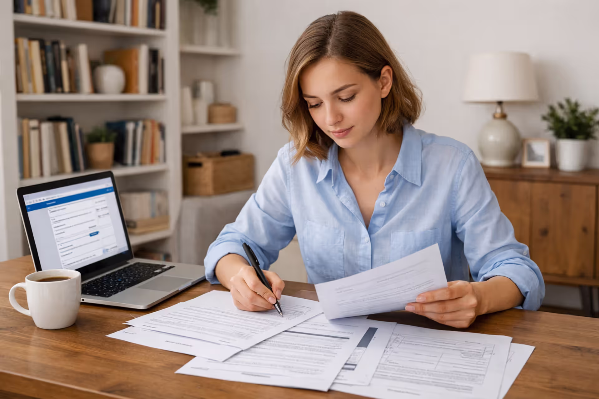 Young person sitting at a desk reviewing student loan documents with a laptop open, papers spread out, and a coffee cup in a bright home office setting