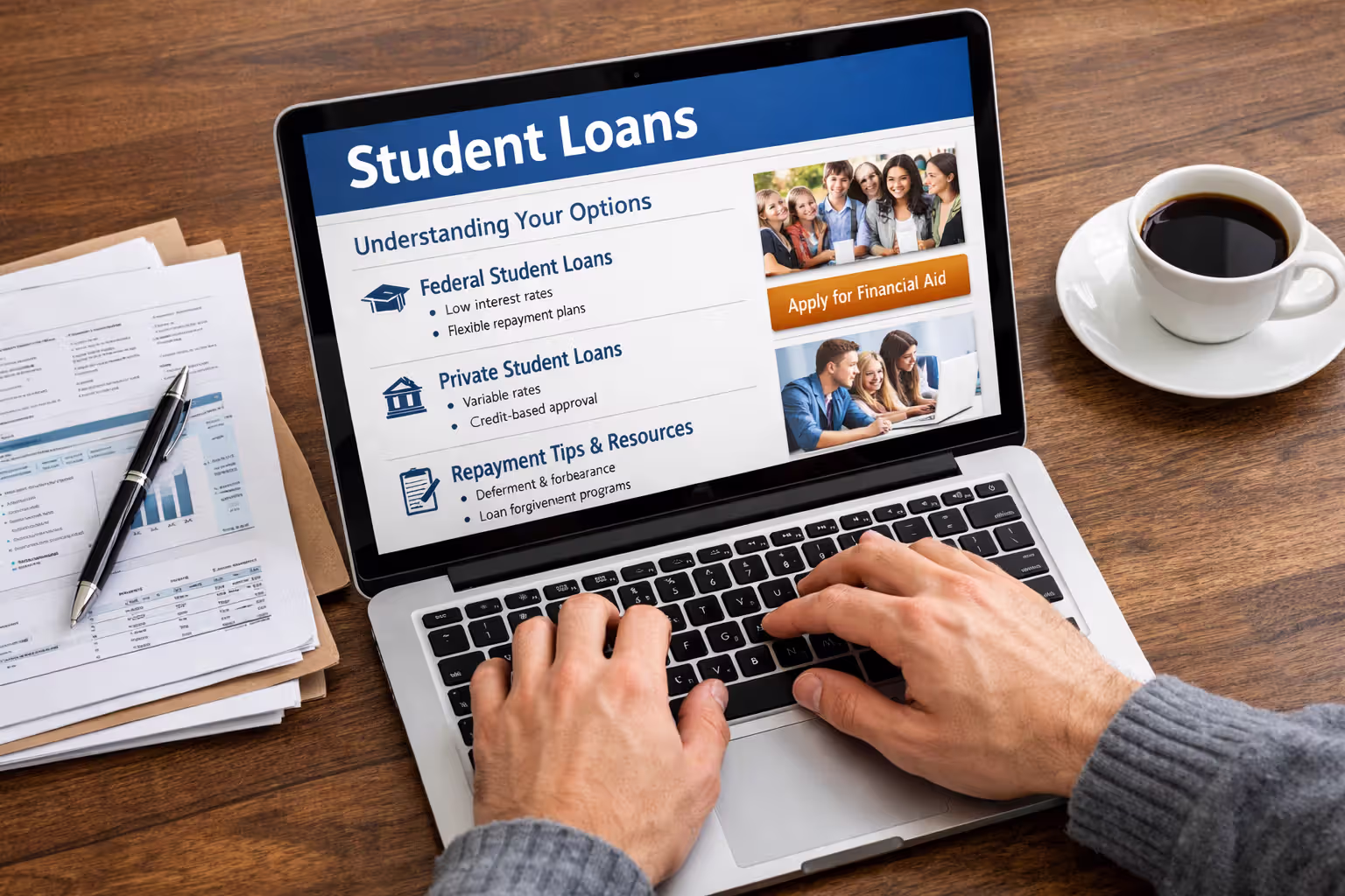 Laptop on a desk showing student loan information page with documents and coffee cup nearby, top-down view