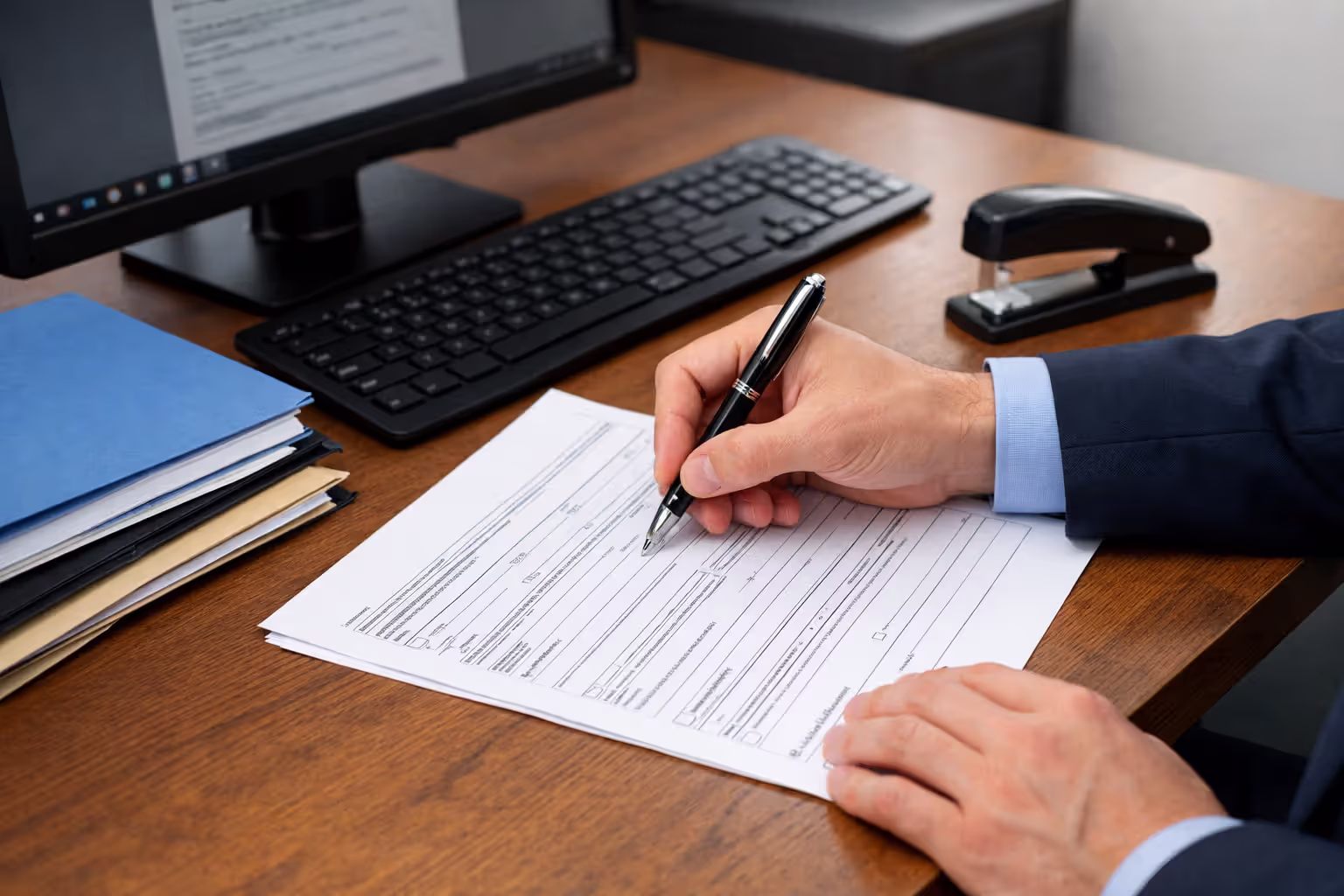 Person filling out an official application form at an office desk with a computer monitor and document folders