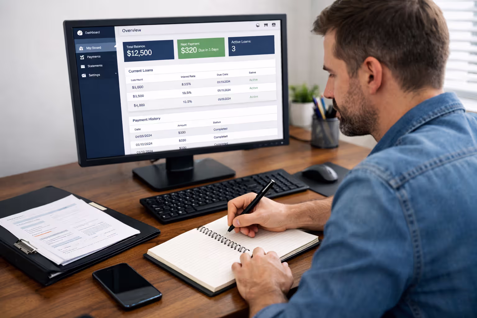 Person taking notes at a computer while reviewing a student loan account dashboard with organized documents nearby