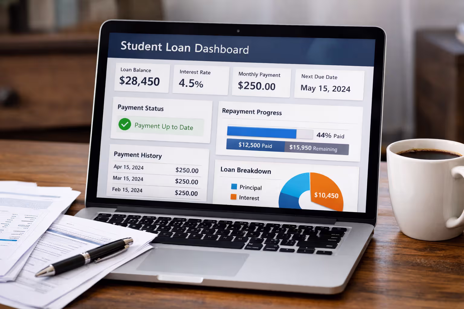 Laptop screen showing a student loan account dashboard with payment status and charts, printed forms and a pen on a home desk