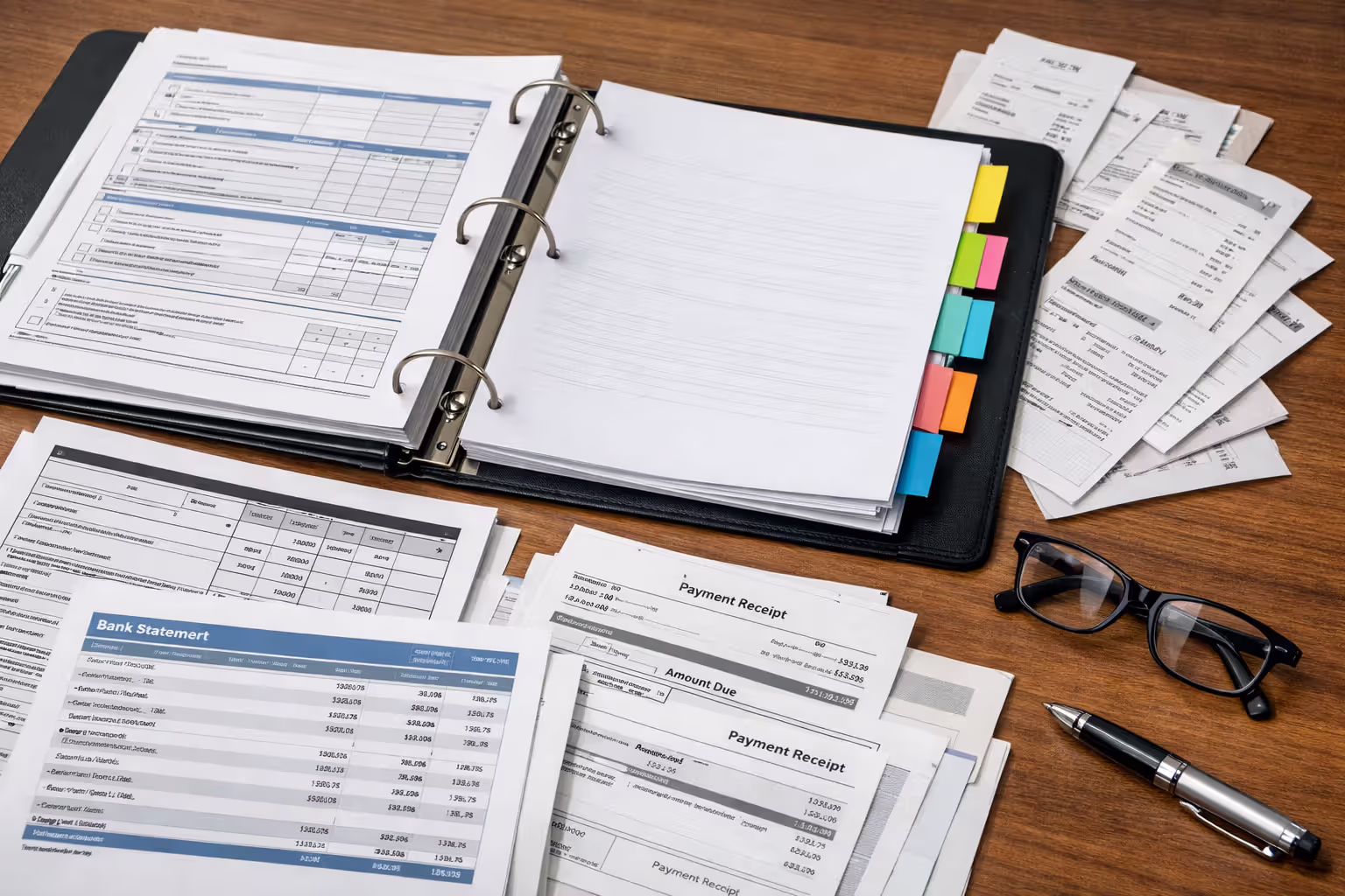 Organized desk with medical records tax forms bank statements and payment receipts in a labeled folder for evidence preparation
