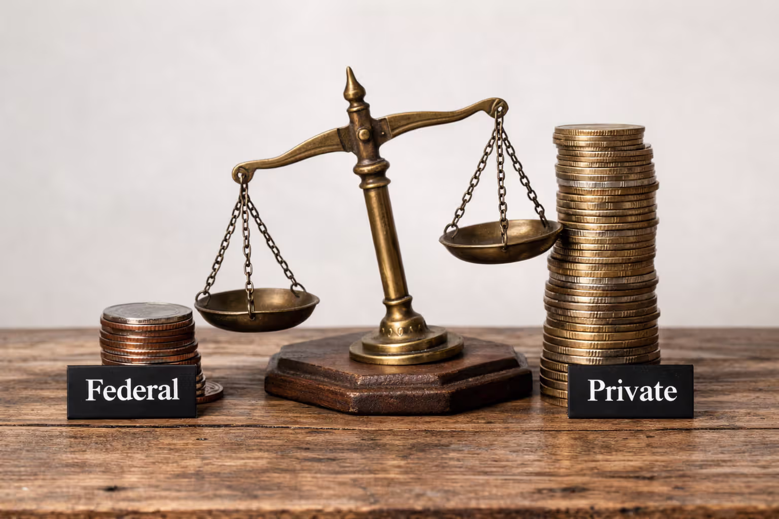 Two stacks of coins labeled Private and Federal with a balance scale between them representing student loan debt comparison