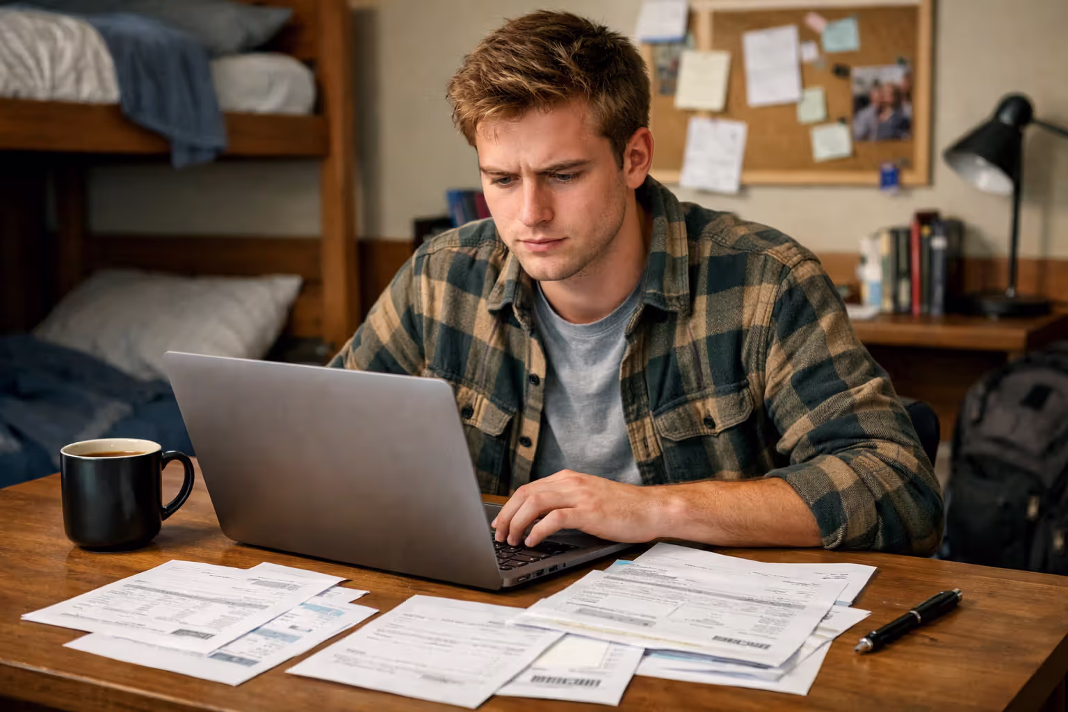 Young college student sitting at a dorm desk looking at financial documents and a laptop screen displaying loan interest rates with a coffee mug nearby