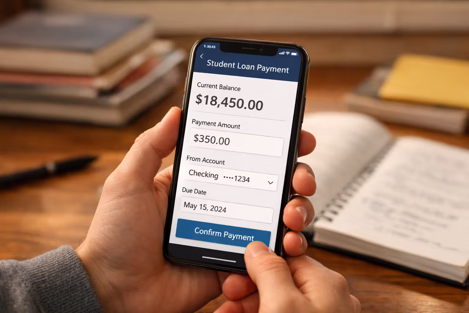 Student hand holding a smartphone displaying a banking app with a student loan payment screen, with blurred textbooks in the background