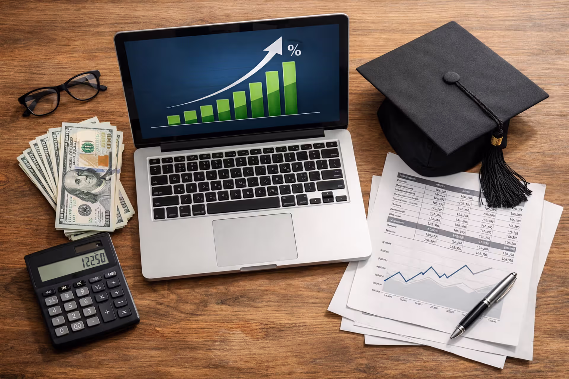 Top-down view of a student desk with a laptop showing an interest growth chart, dollar bills, a calculator, a graduation cap, and financial documents