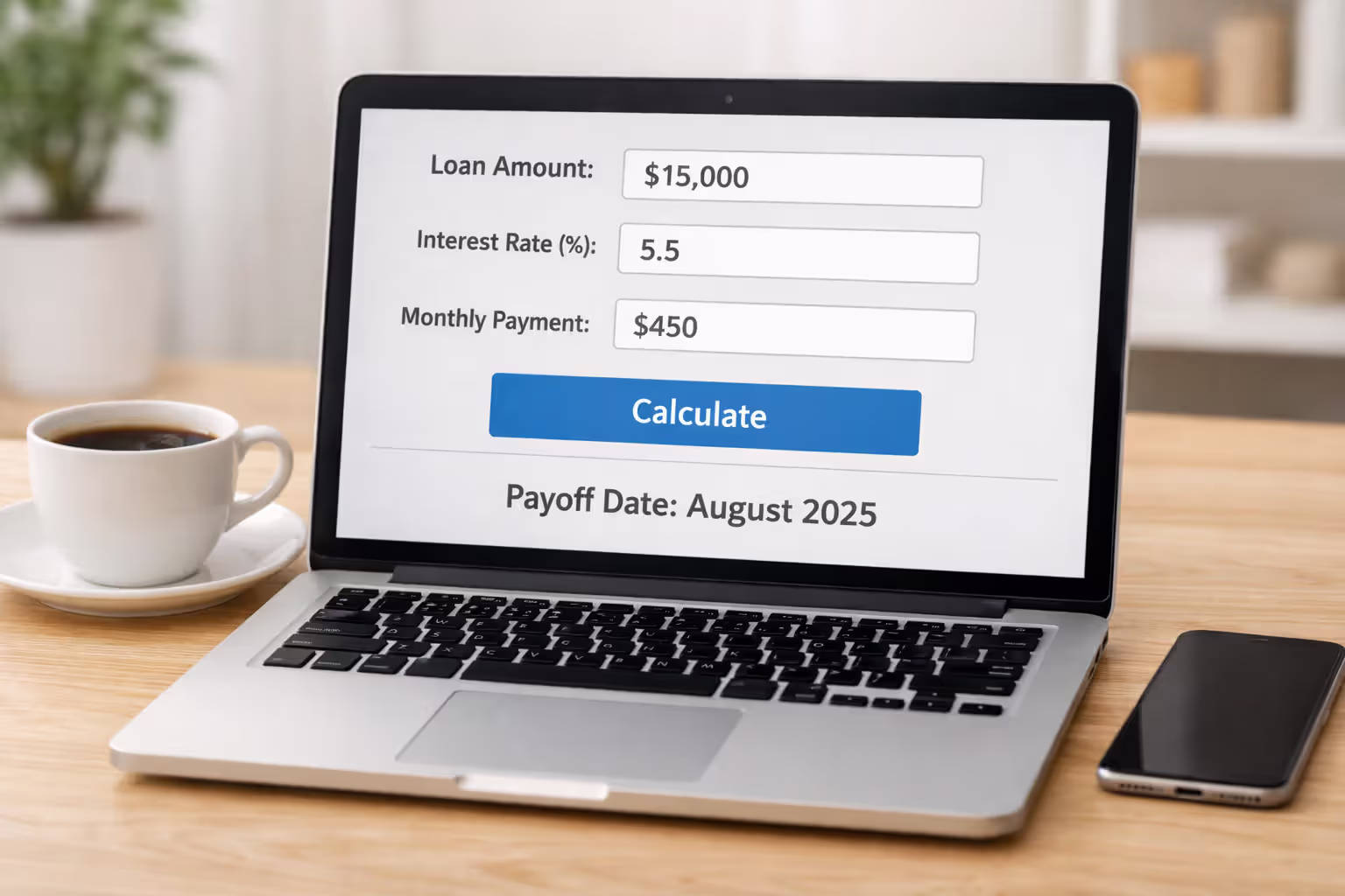 Laptop screen displaying online loan payoff calculator interface with input fields for balance, interest rate, and monthly payment in a home office setting