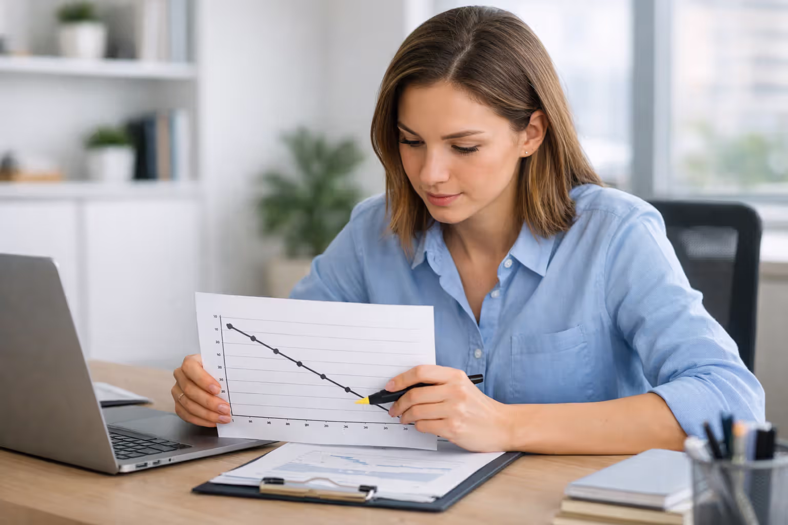 Young person reviewing a printed amortization schedule graph at a desk, marking progress with a highlighter in a bright modern office