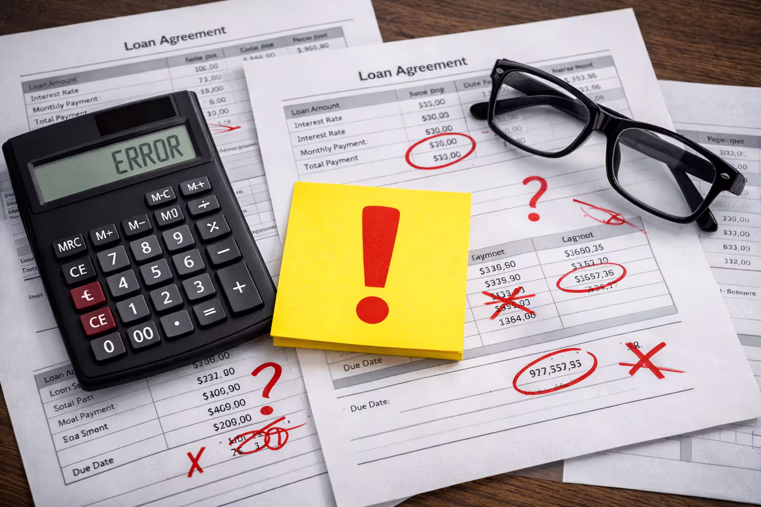 Multiple loan documents spread on a desk with a calculator, glasses, and a warning sticky note — concept of common mistakes in loan payoff calculations