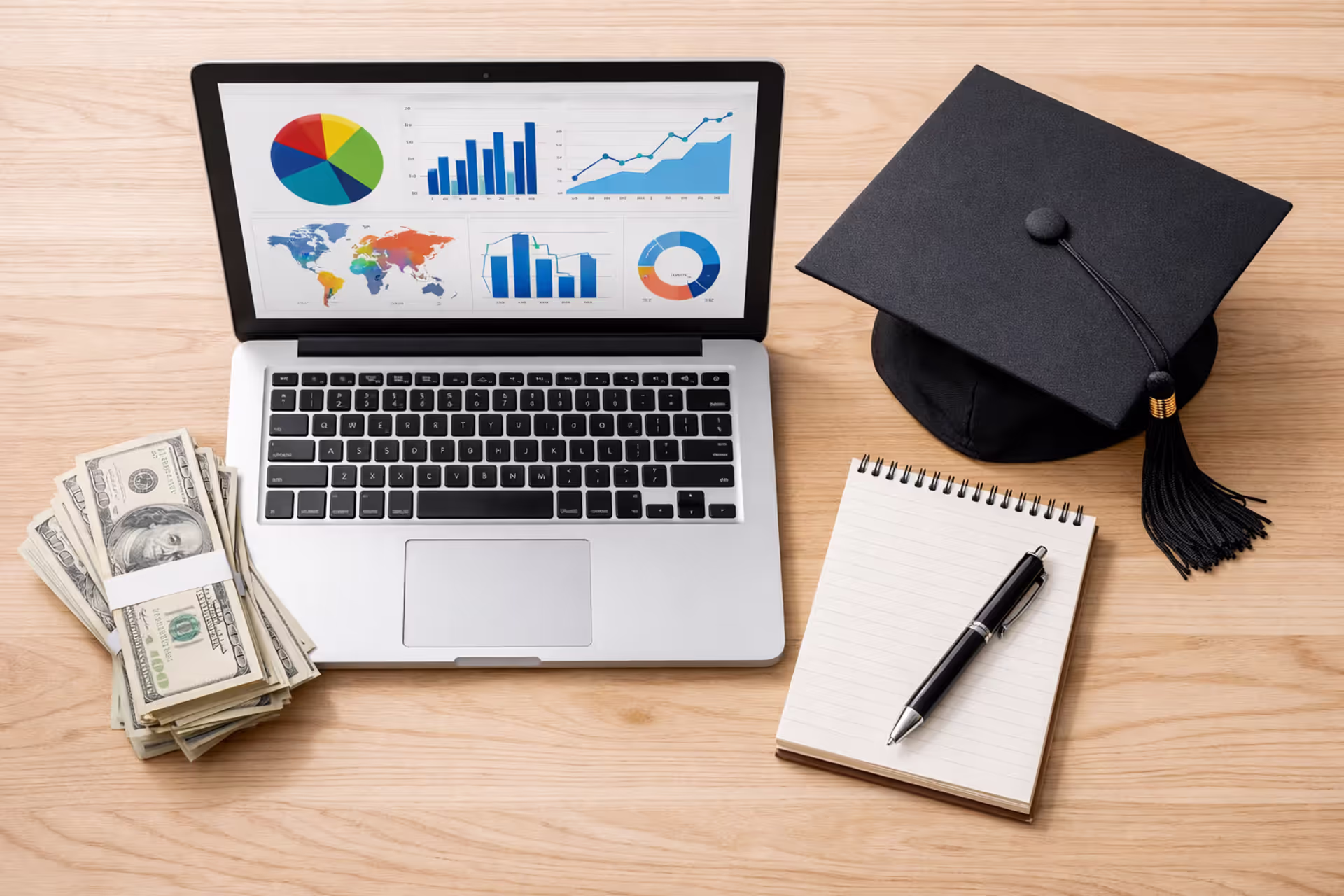 Laptop showing financial charts on a wooden desk with dollar bills, graduation cap, notebook and pen — student loan payoff calculator concept