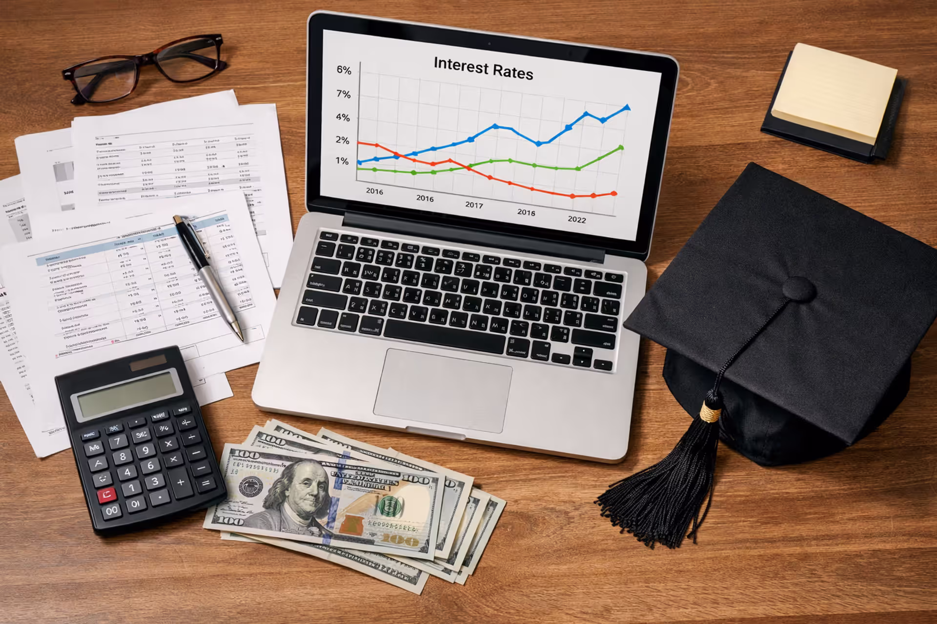 Top-down view of a student desk with a laptop showing interest rate charts, financial documents, a calculator, a graduation cap, and dollar bills