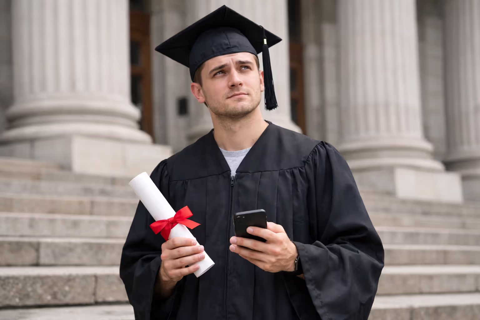 Recent college graduate in cap and gown standing on university steps holding diploma and smartphone with thoughtful expression