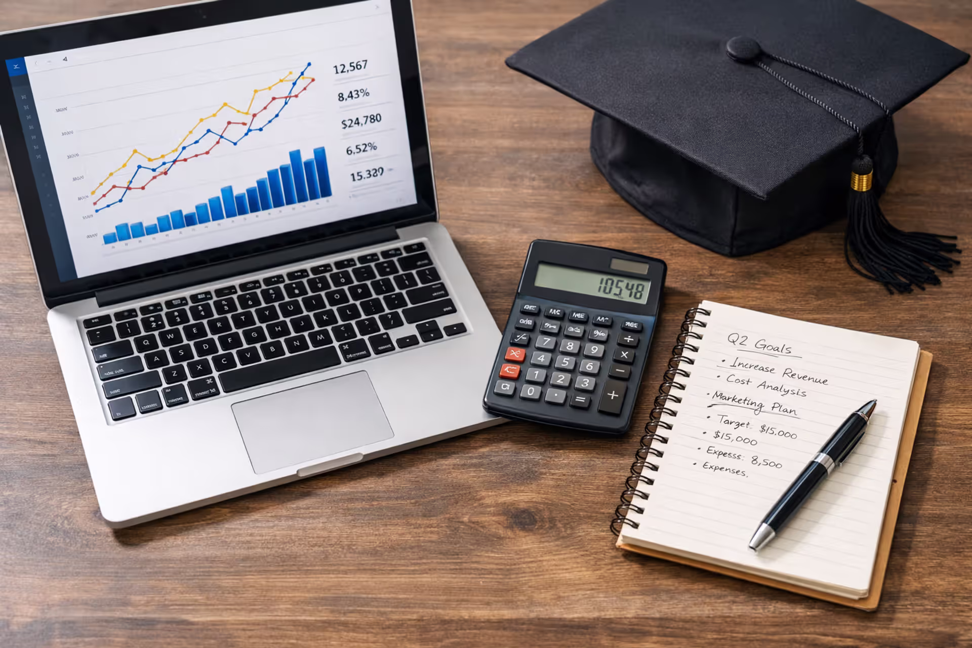 Laptop screen showing financial charts and calculator on a desk with a graduation cap in the background