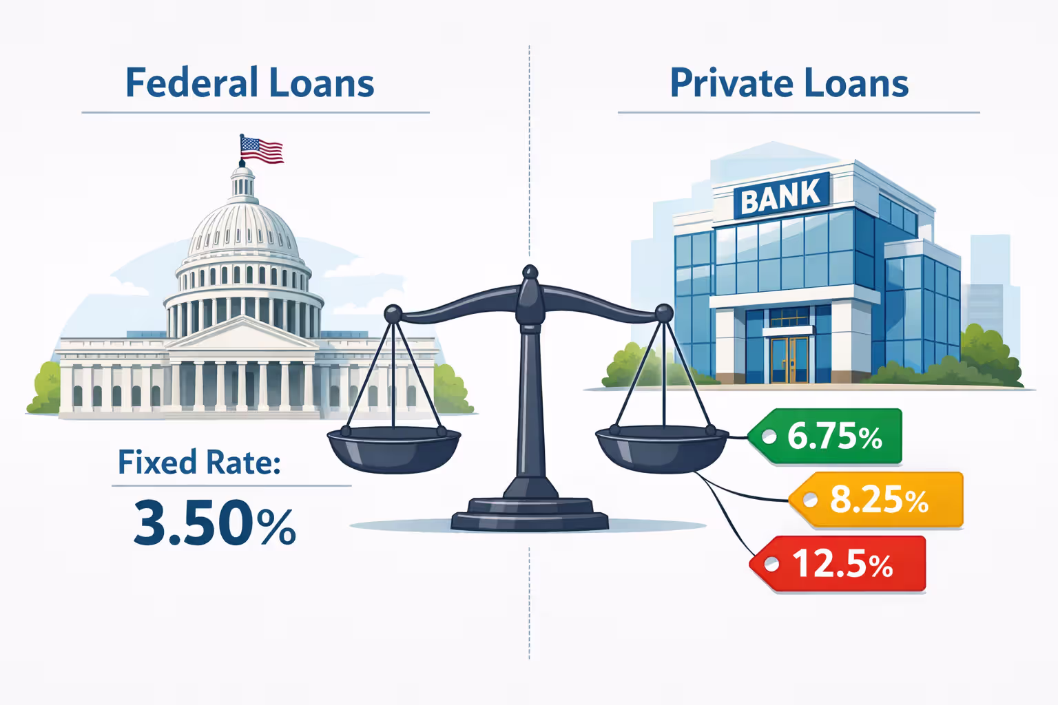 Comparison infographic of federal government building and private bank representing different student loan interest rate approaches