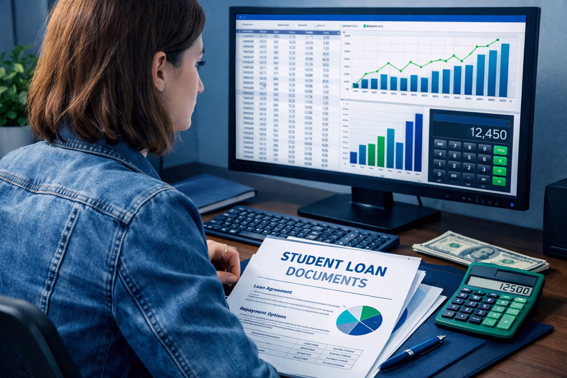 Student using loan calculator on computer with financial documents and charts visible on screen