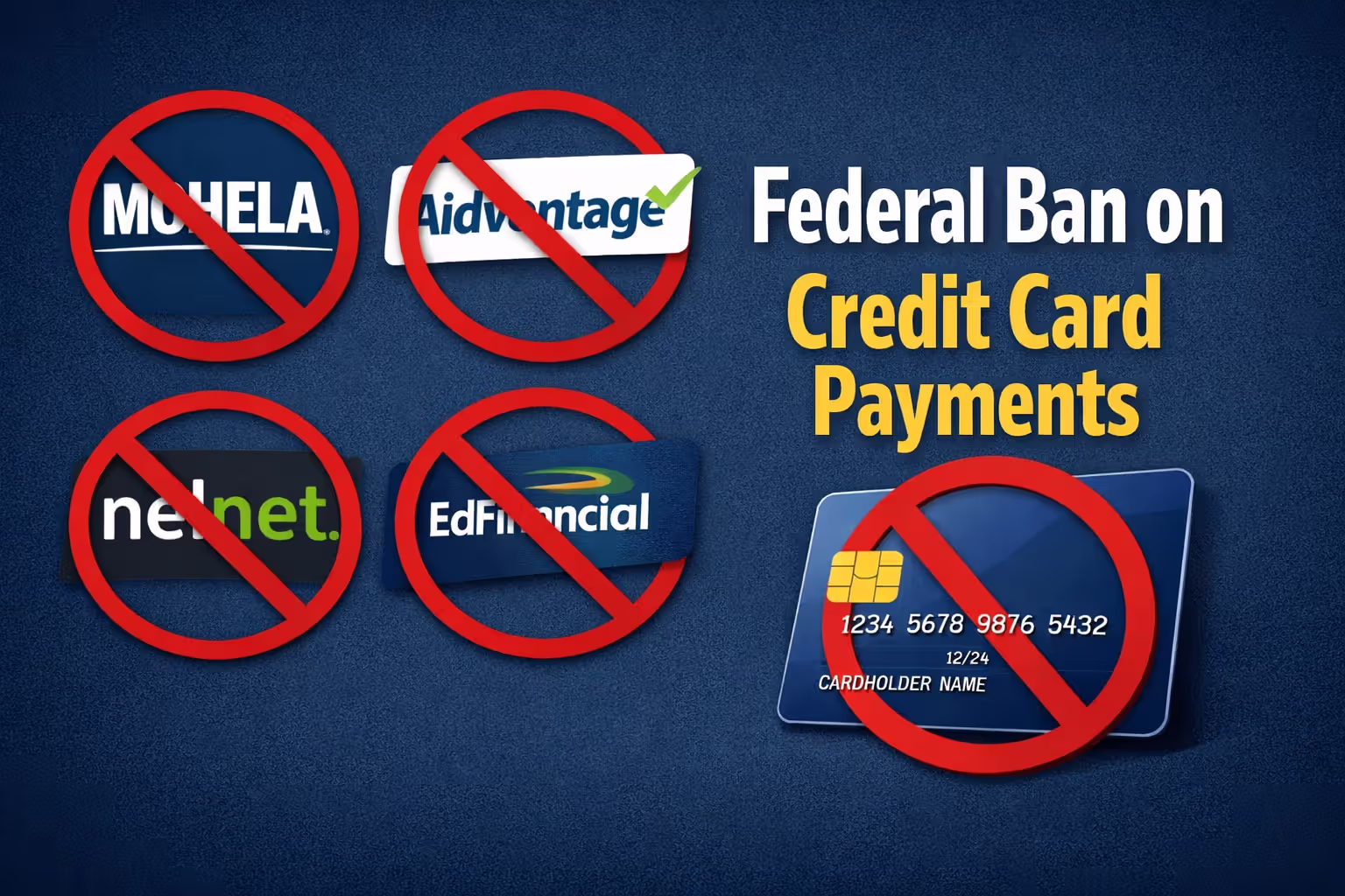 Federal loan servicers logos with prohibition symbol and credit card, showing ban on credit card payments