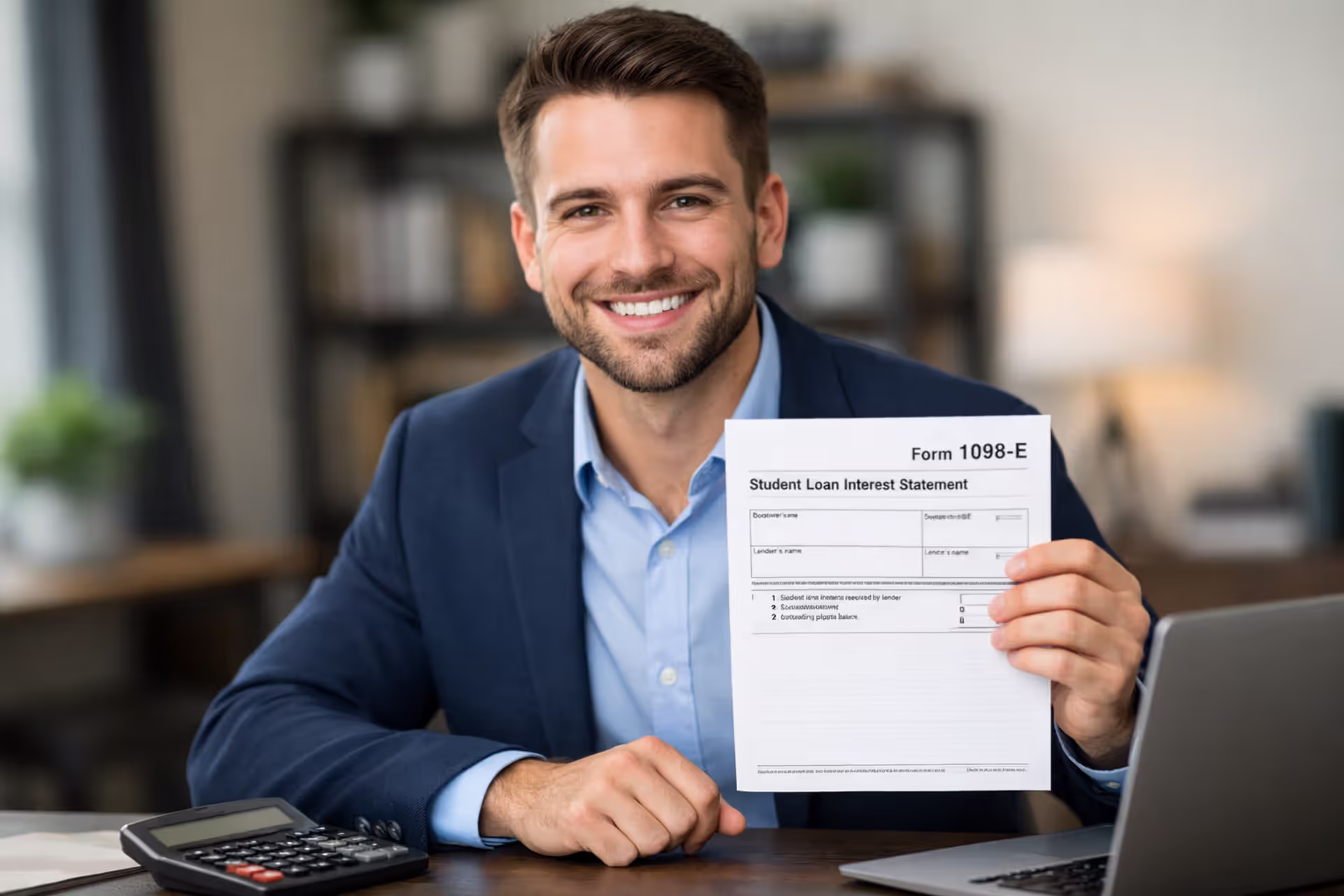 Young professional holding tax form with calculator and laptop in background